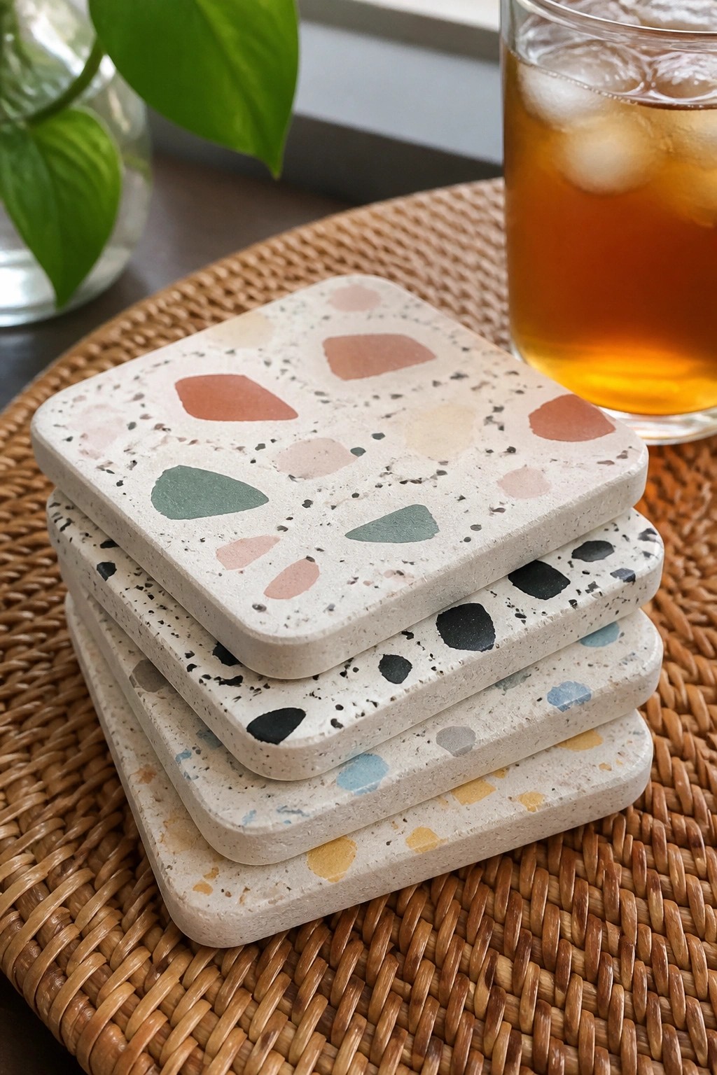 Stack of pastel terrazzo coasters on round woven mat beside iced tea glass