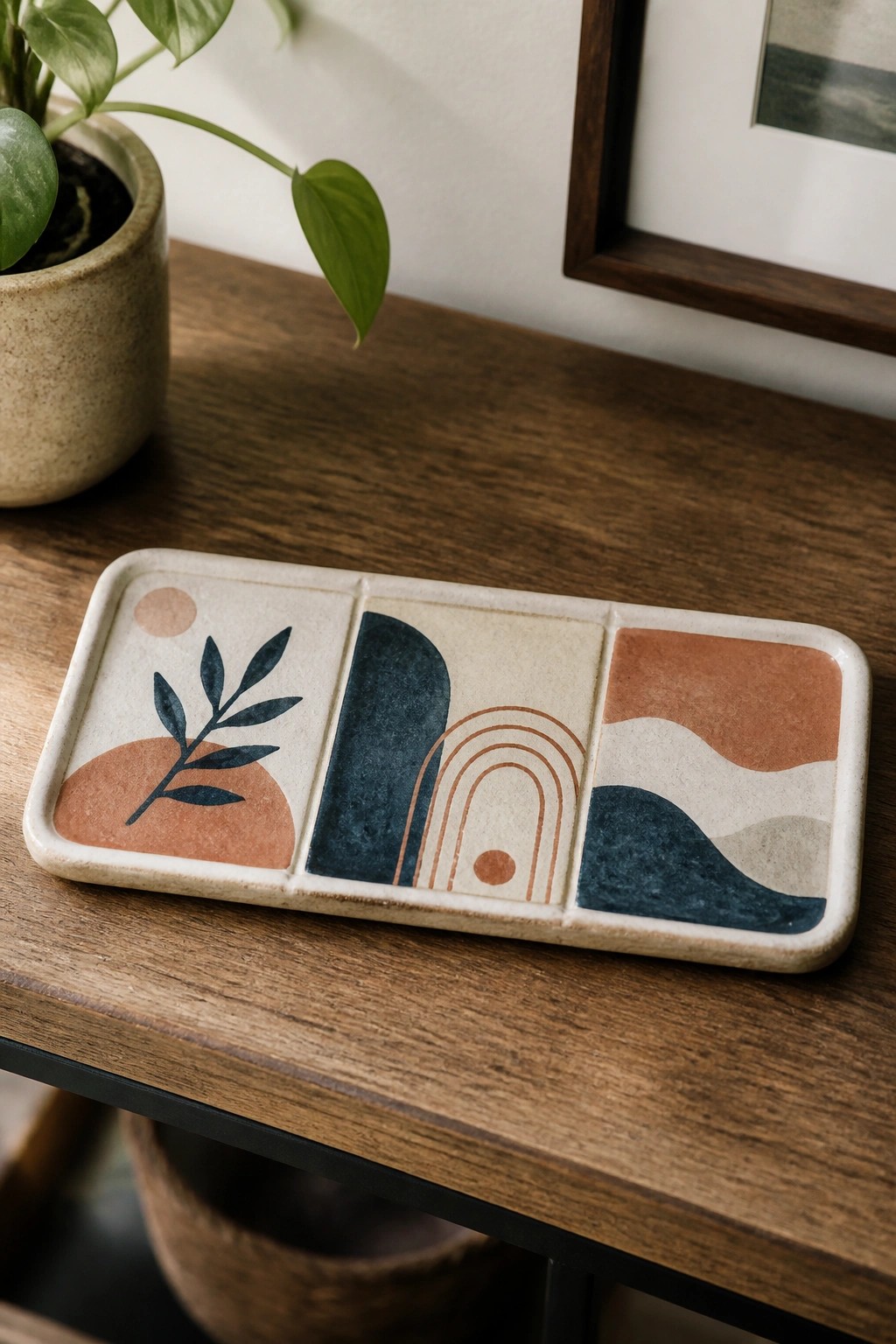 Abstract ceramic tray with terracotta, teal, and beige geometric designs on wood.