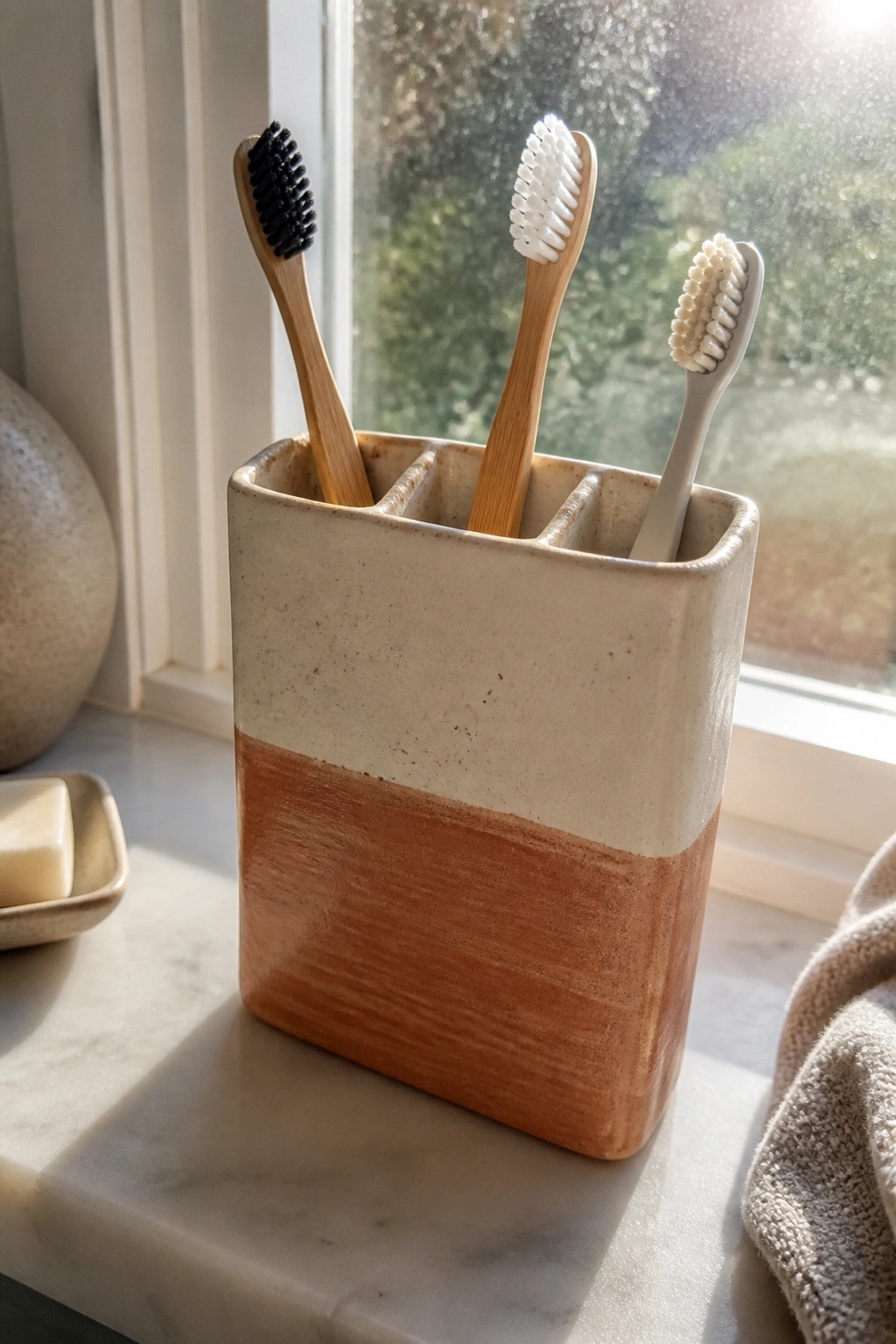 Rectangular ceramic holder with three compartments on a marble ledge holding three toothbrushes, light upper half and terracotta lower half.