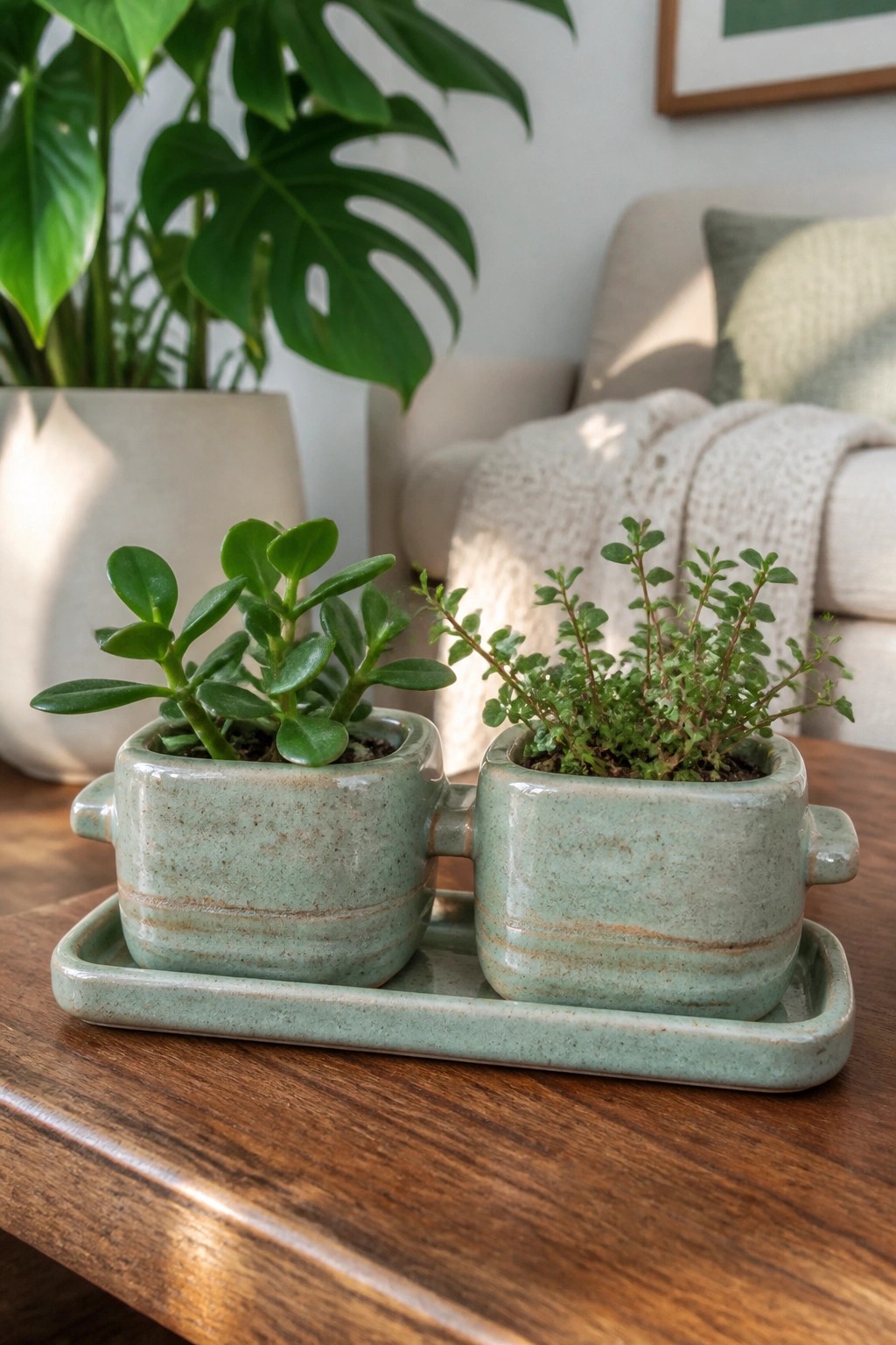 Two small plants in speckled green ceramic double pot on wooden table