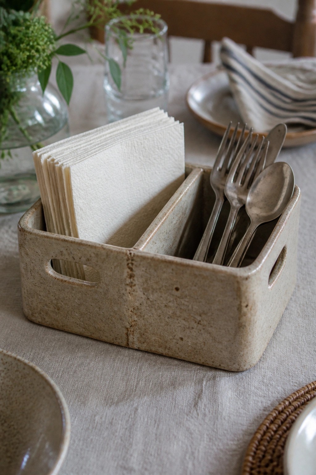 Ceramic caddy with white napkins, forks, and spoons on linen tablecloth