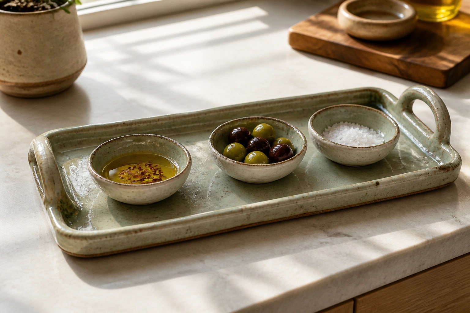 Ceramic tray with bowls of soy sauce, salt, and oil on marble counter