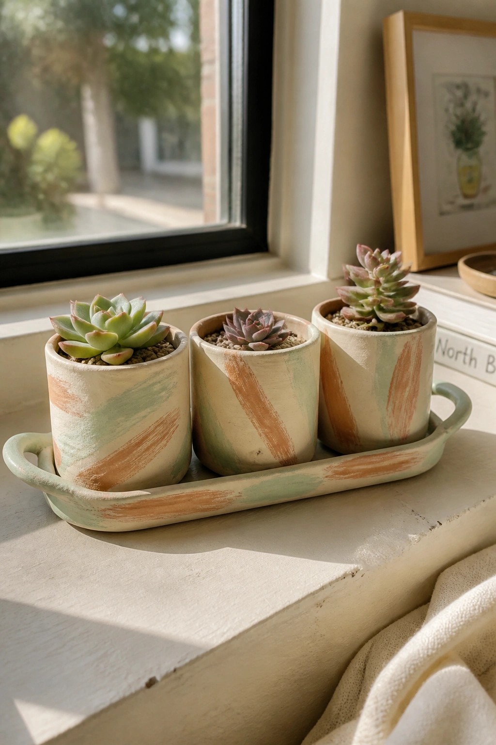 Three succulents in colorful brushstroke pots on a matching tray by a window