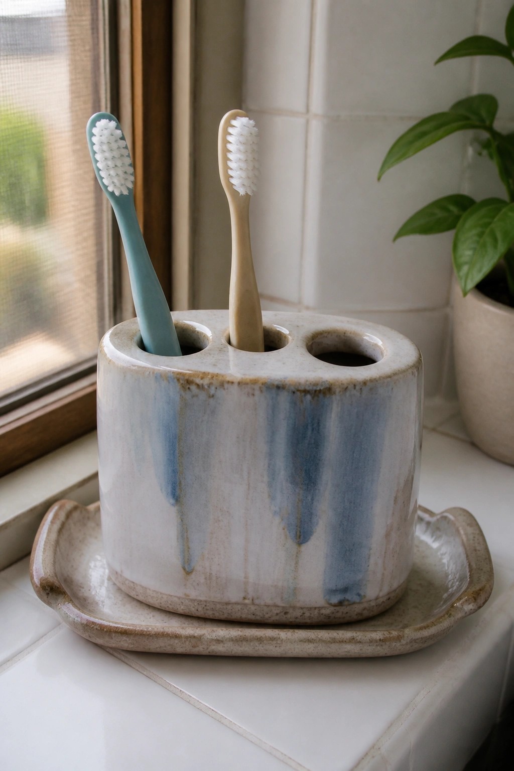 Two toothbrushes in blue-glazed ceramic holder on tray by window