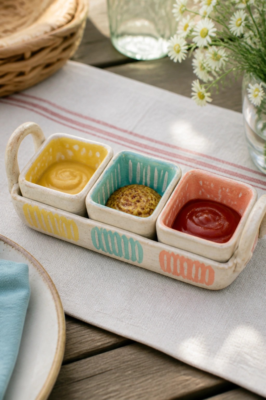 Colorful ceramic tray with three bowls of yellow mustard, grainy mustard, and ketchup