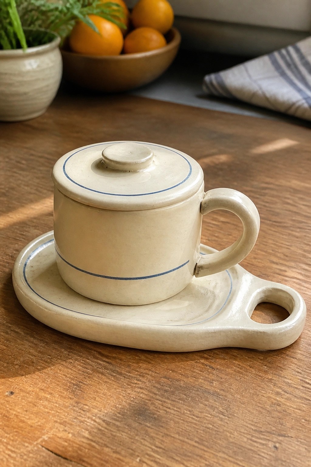 Cream ceramic lidded pot with blue stripes on matching wooden tray