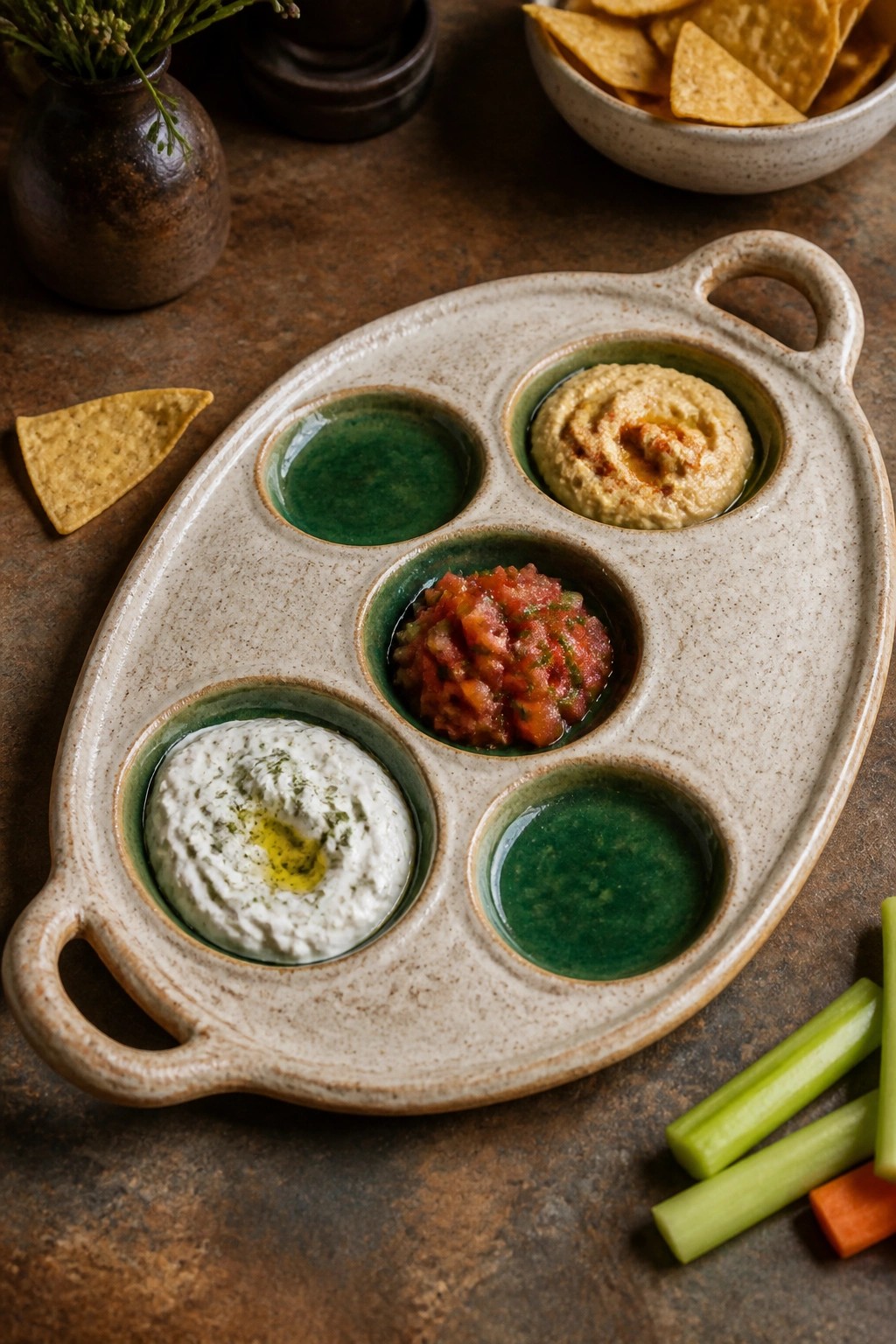 Ceramic multi-compartment tray with hummus, salsa, green dips, chips, and vegetables