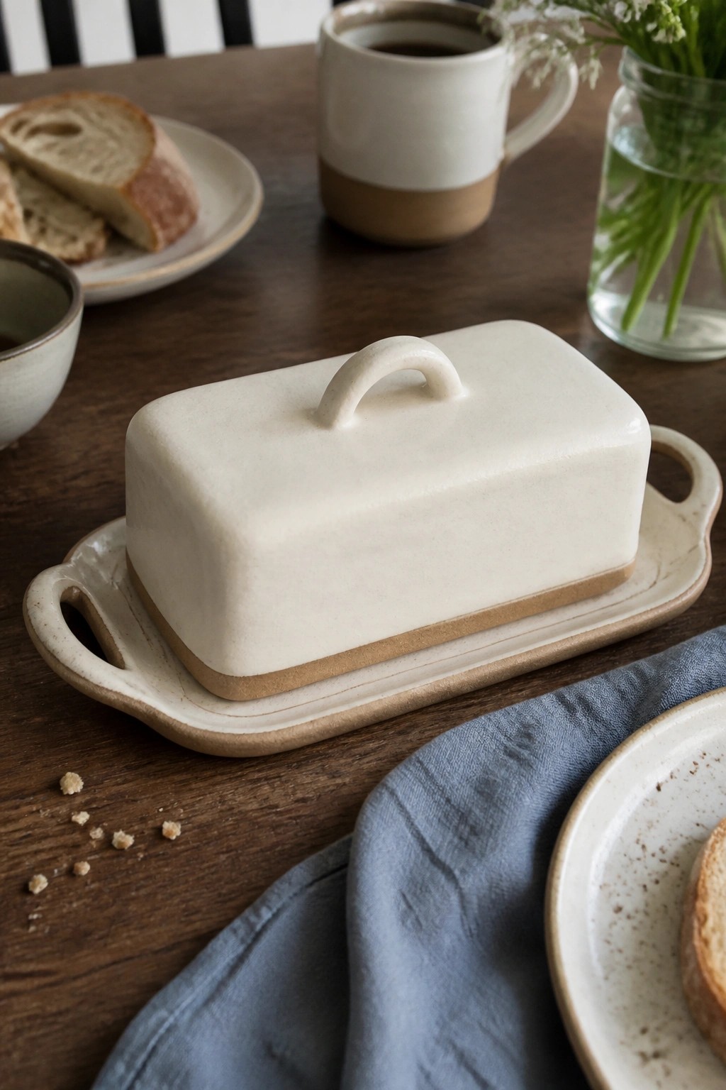 White ceramic butter dish with lid on matching tray atop wooden breakfast table