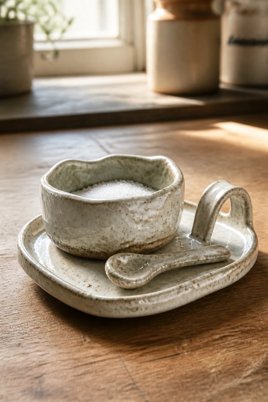 Handmade ceramic tray with a small handled bowl and spoon resting on top.