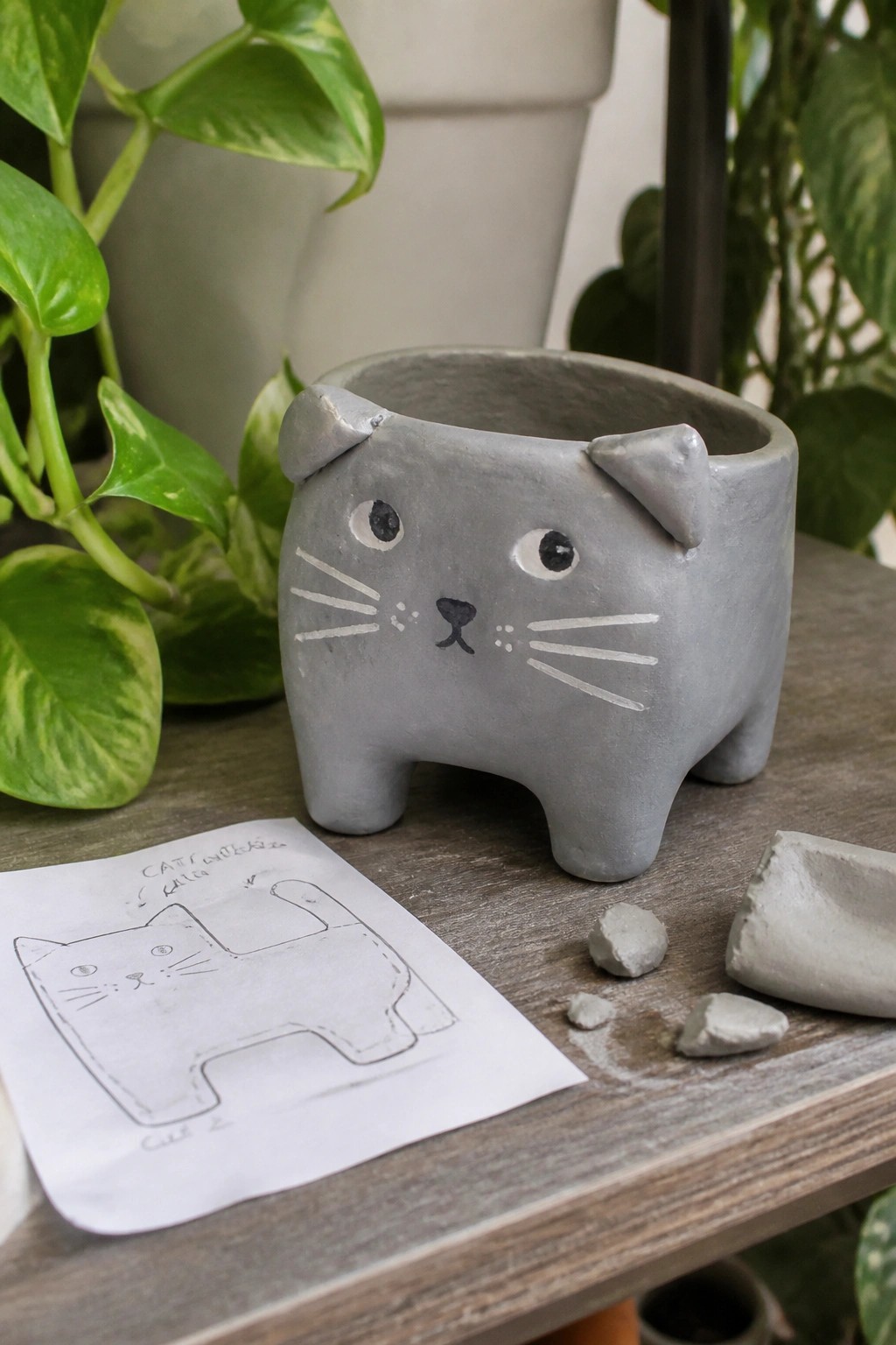 Gray cat-shaped clay planter beside its pencil sketch on wooden table with plants.