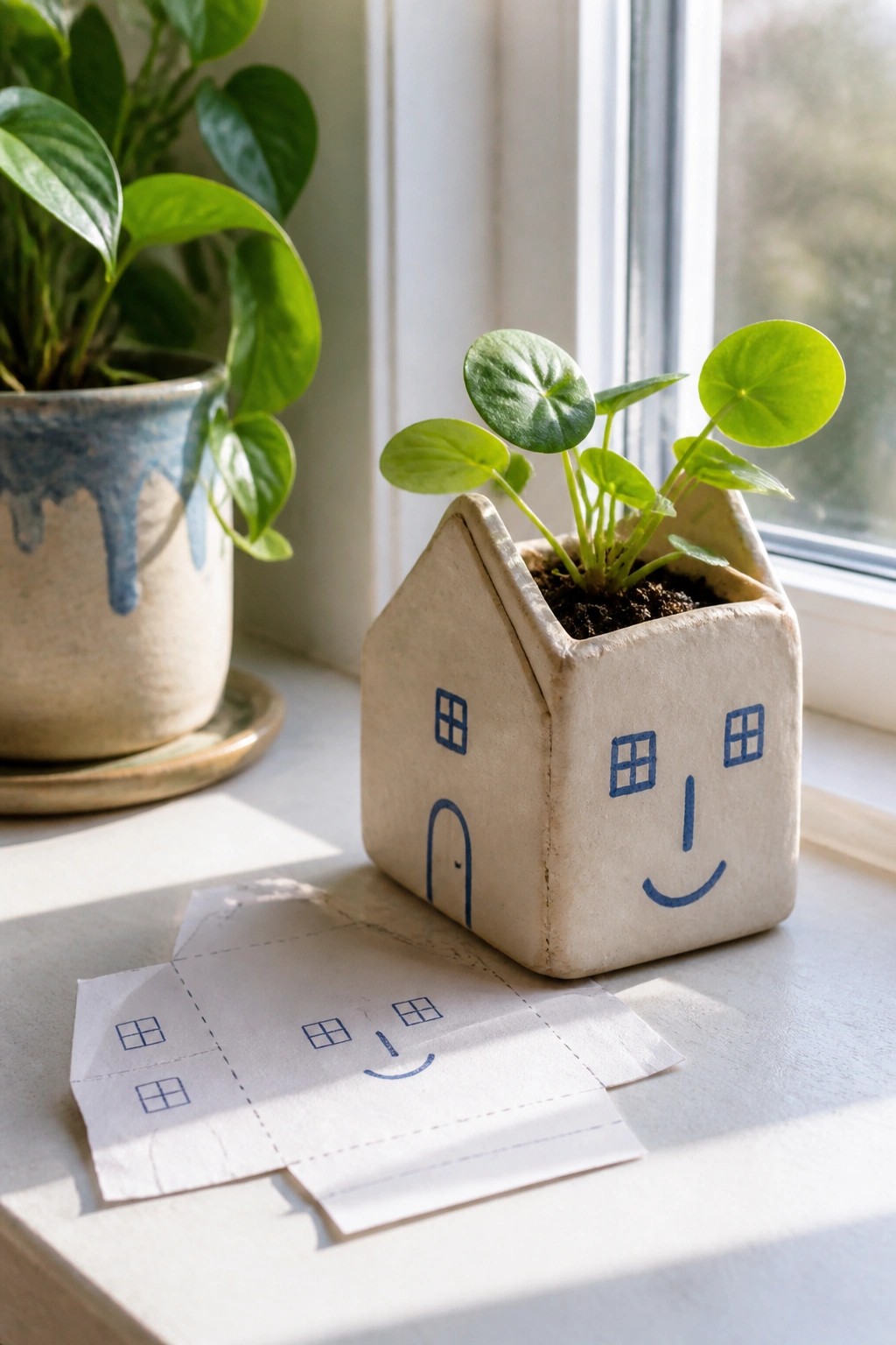 House-shaped ceramic planter with drawn face and plant beside paper template on windowsill