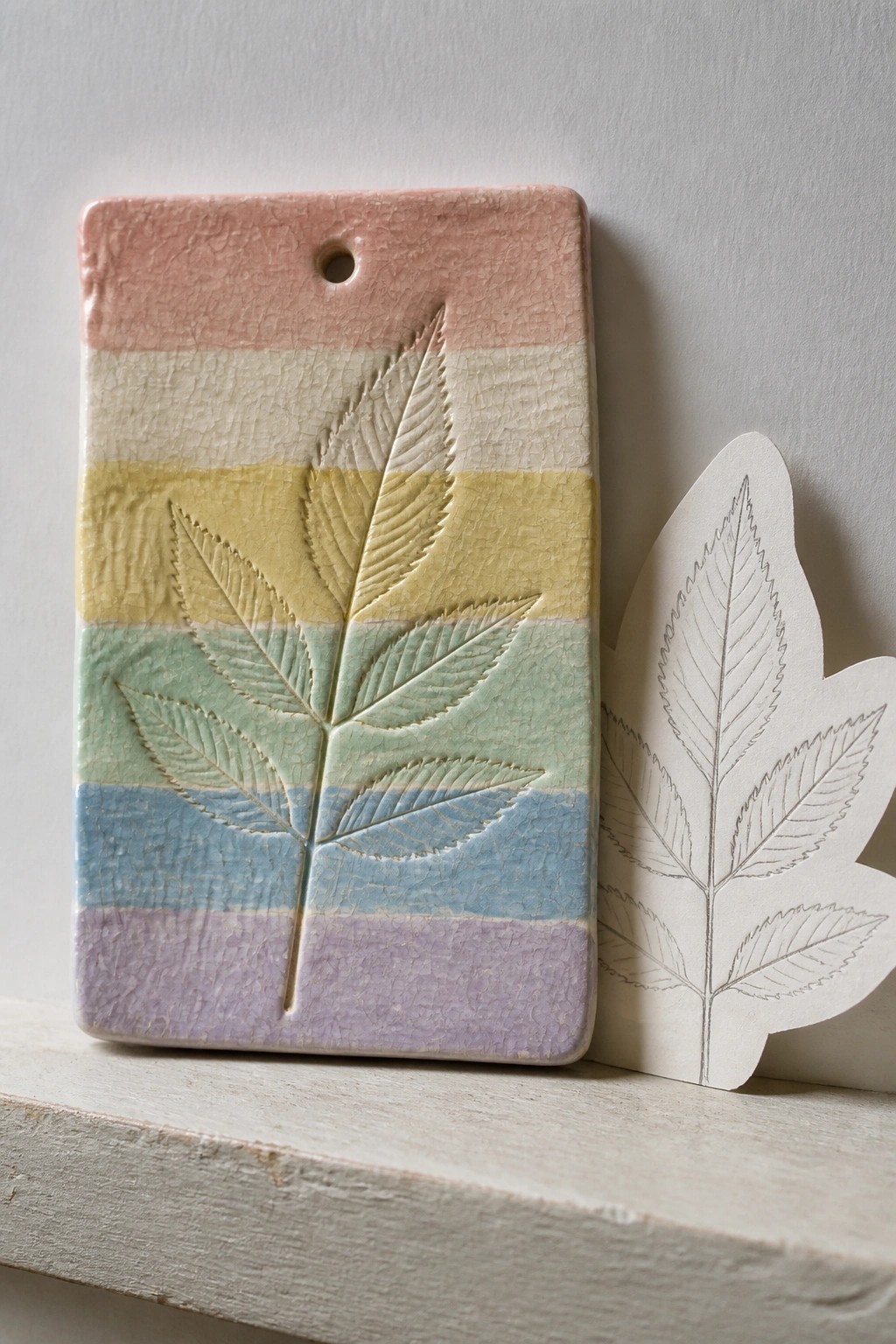 Pastel rainbow ceramic plaque with embossed leaf beside paper leaf cutout