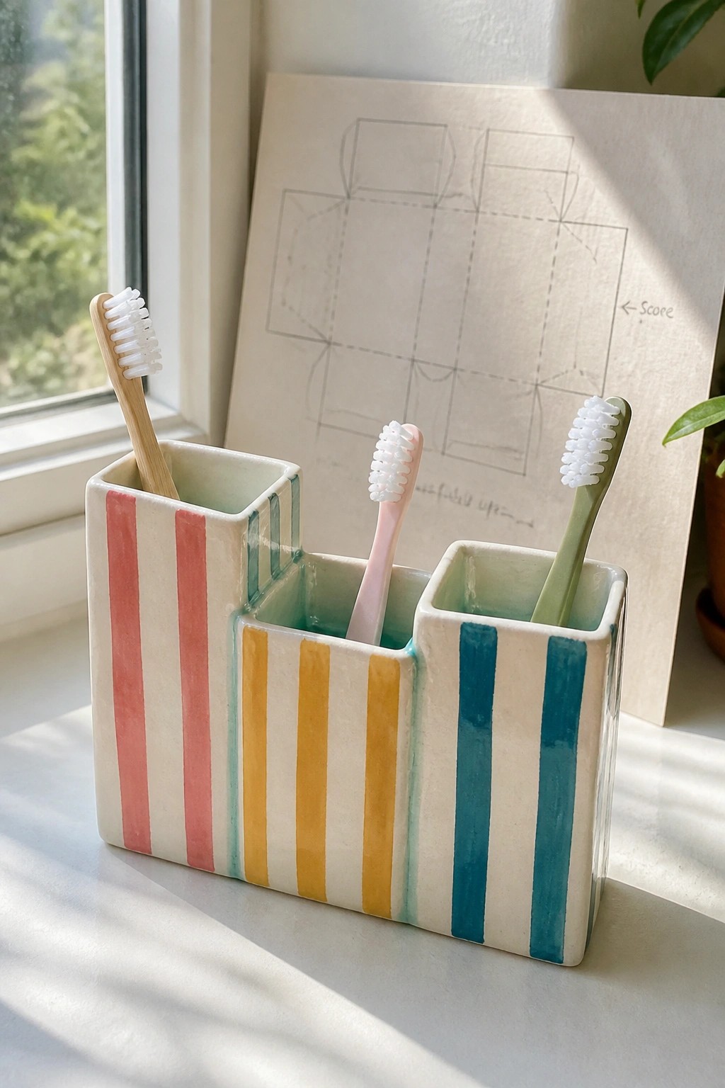 Colorful striped ceramic toothbrush holder with three brushes on sunny windowsill