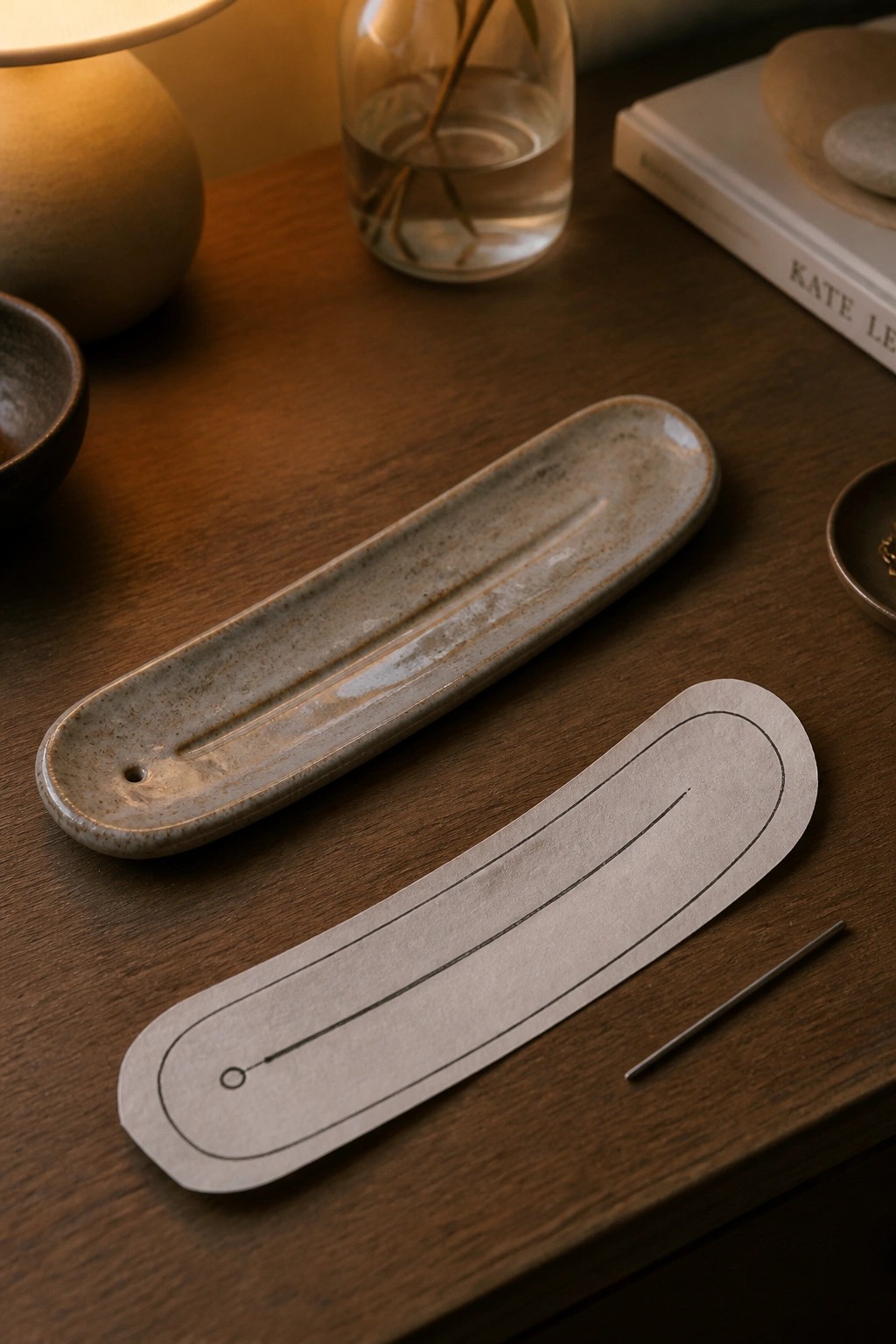 Speckled ceramic tray beside paper template and metal pin on wooden table