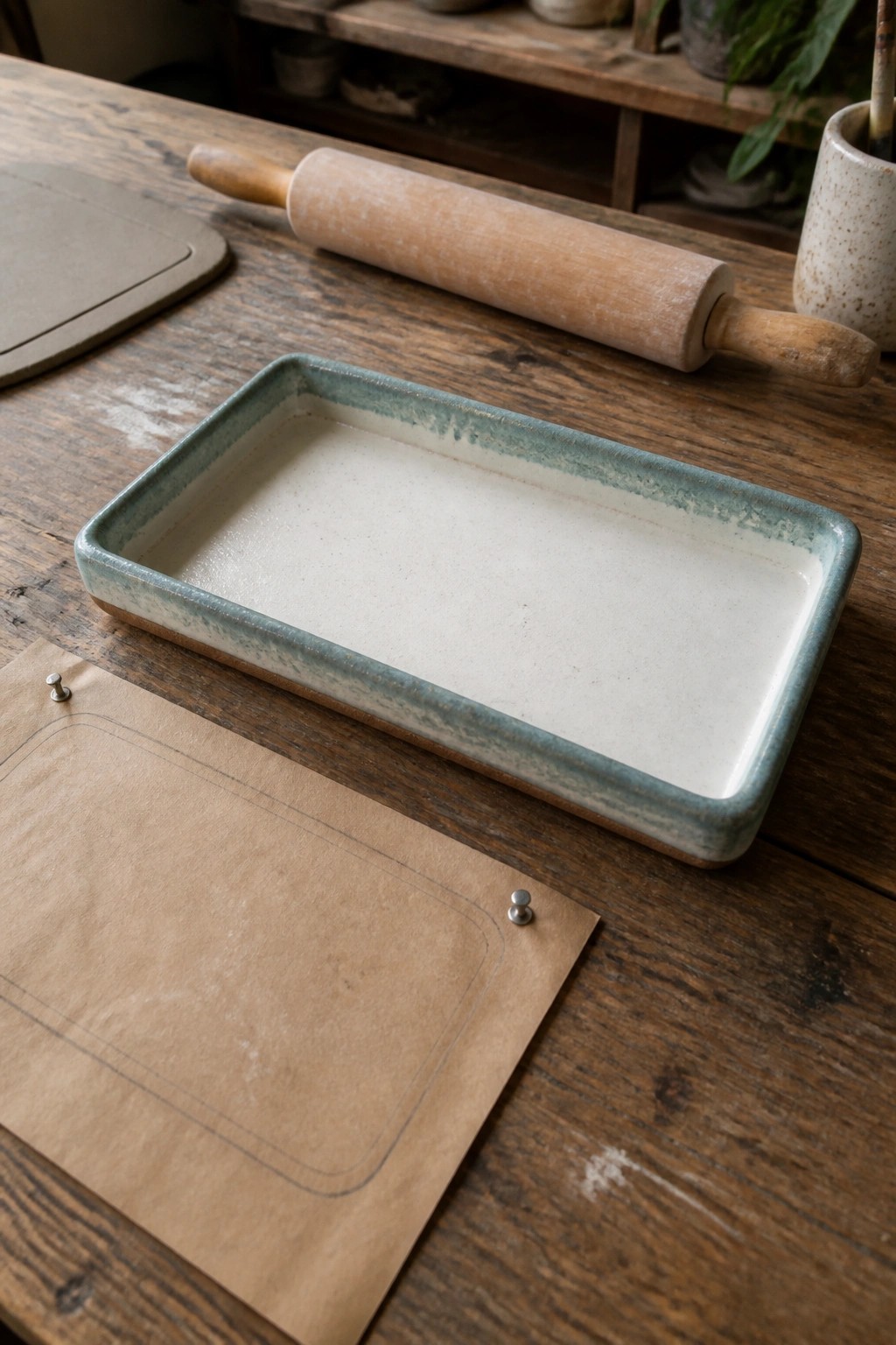 Ceramic tray with teal rim beside rolling pin and paper template on wooden table