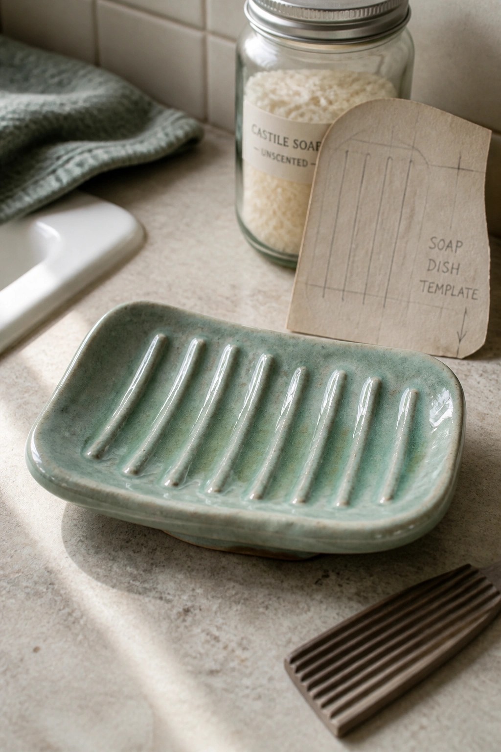Green ceramic soap dish with ridges beside paper template and castile soap jar