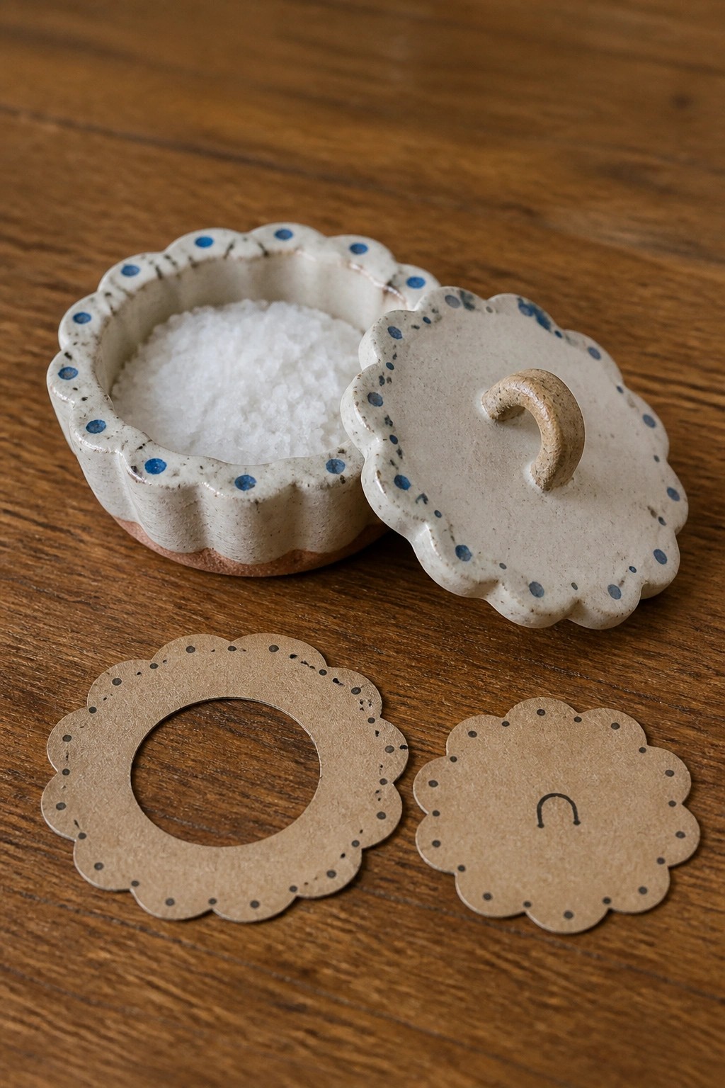 Open scalloped ceramic salt dish with blue dots, lid aside, and cardboard templates on wood.