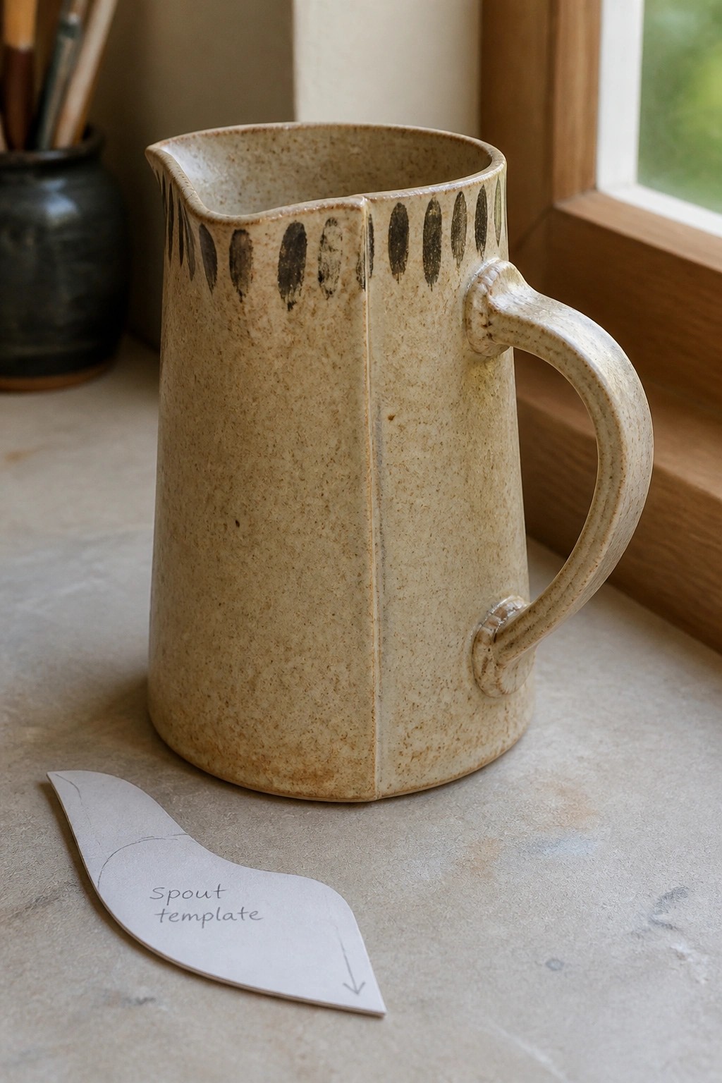 Speckled beige ceramic pitcher with handle beside labeled spout template on countertop