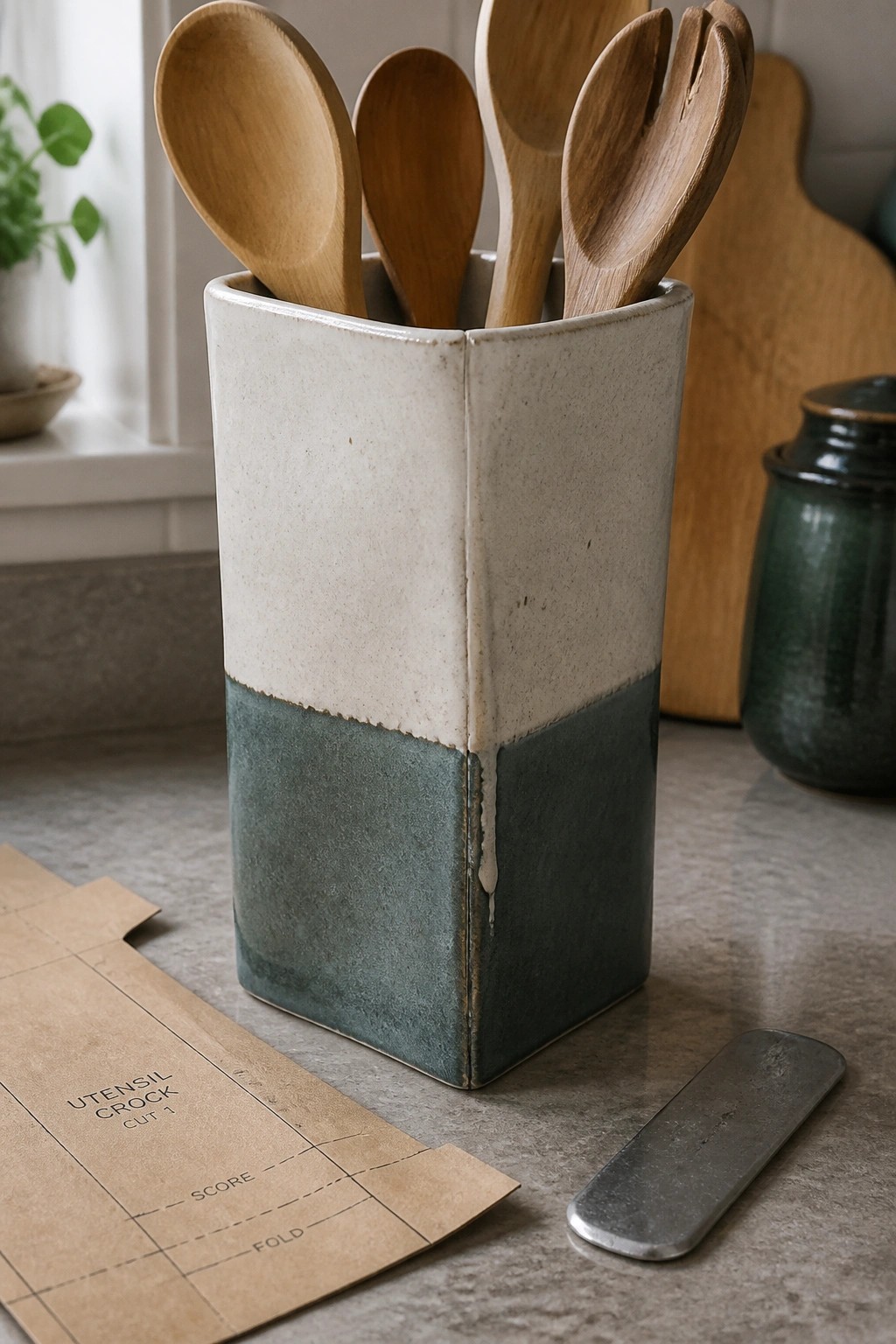 Two-toned ceramic crock holding wooden utensils beside cardboard assembly template on counter