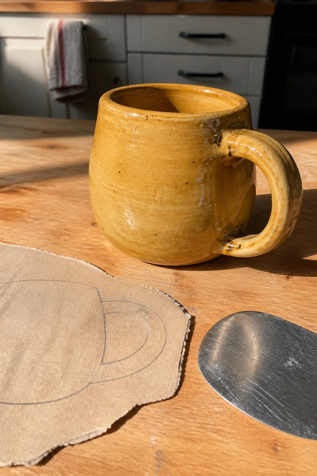 Yellow ceramic mug beside paper sketch and metal tool on wooden table