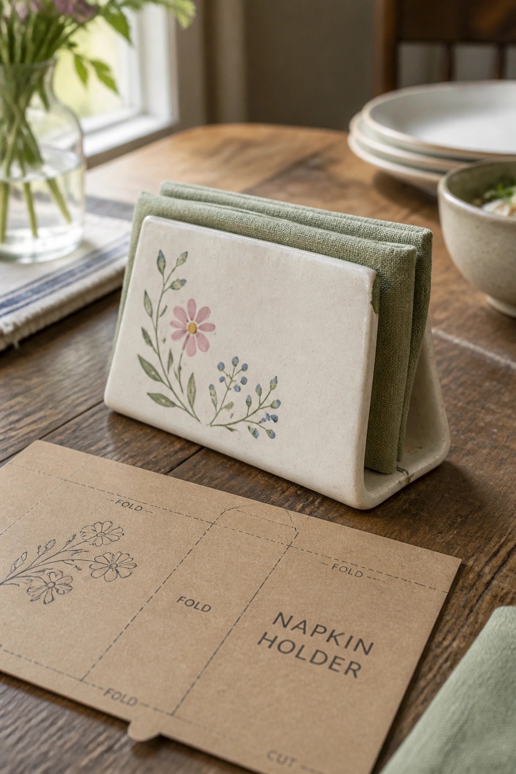 Ceramic floral napkin holder with green napkins and paper template on wooden table.