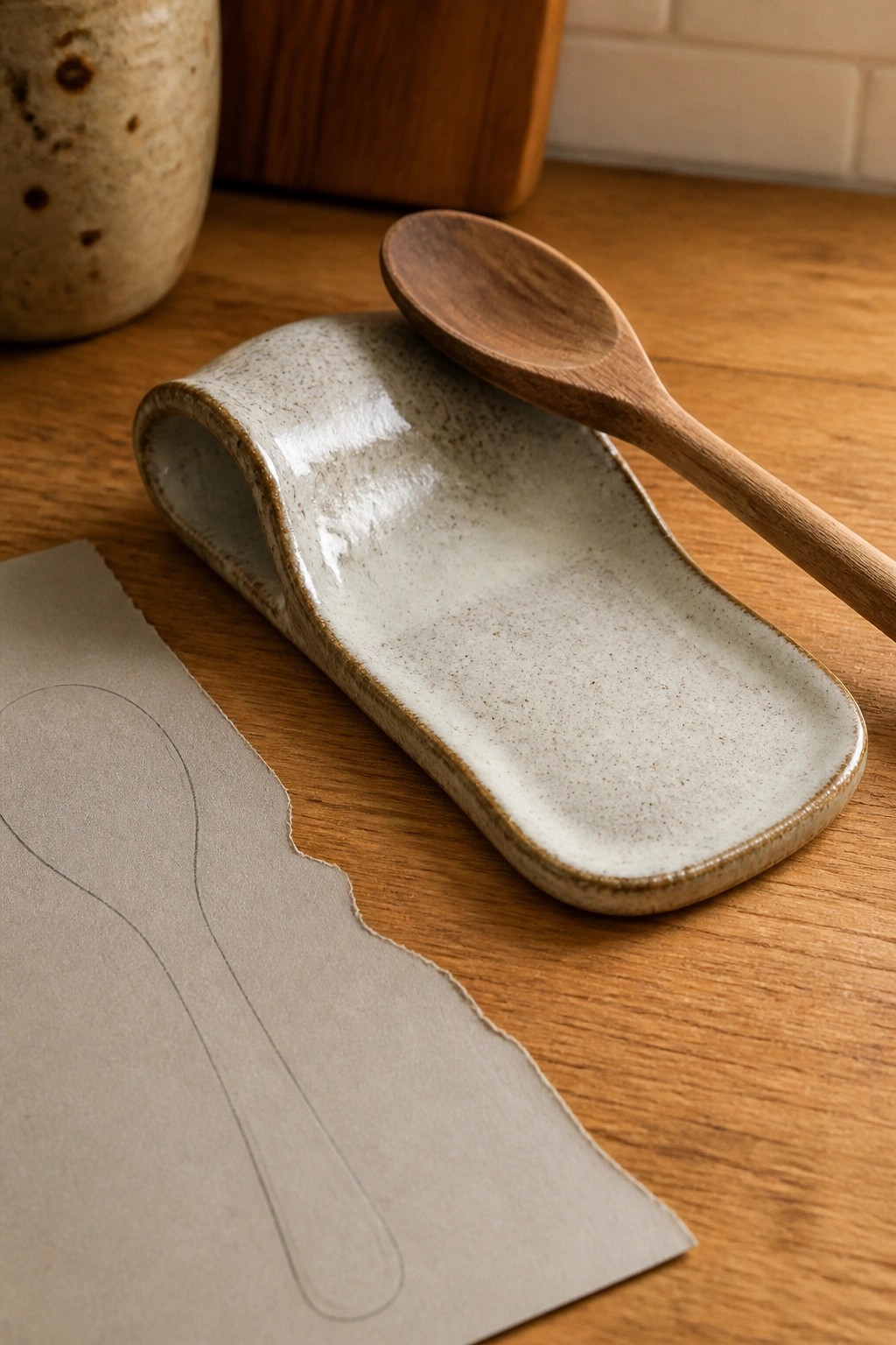 Speckled ceramic spoon rest with wooden spoon beside paper outline on wood surface