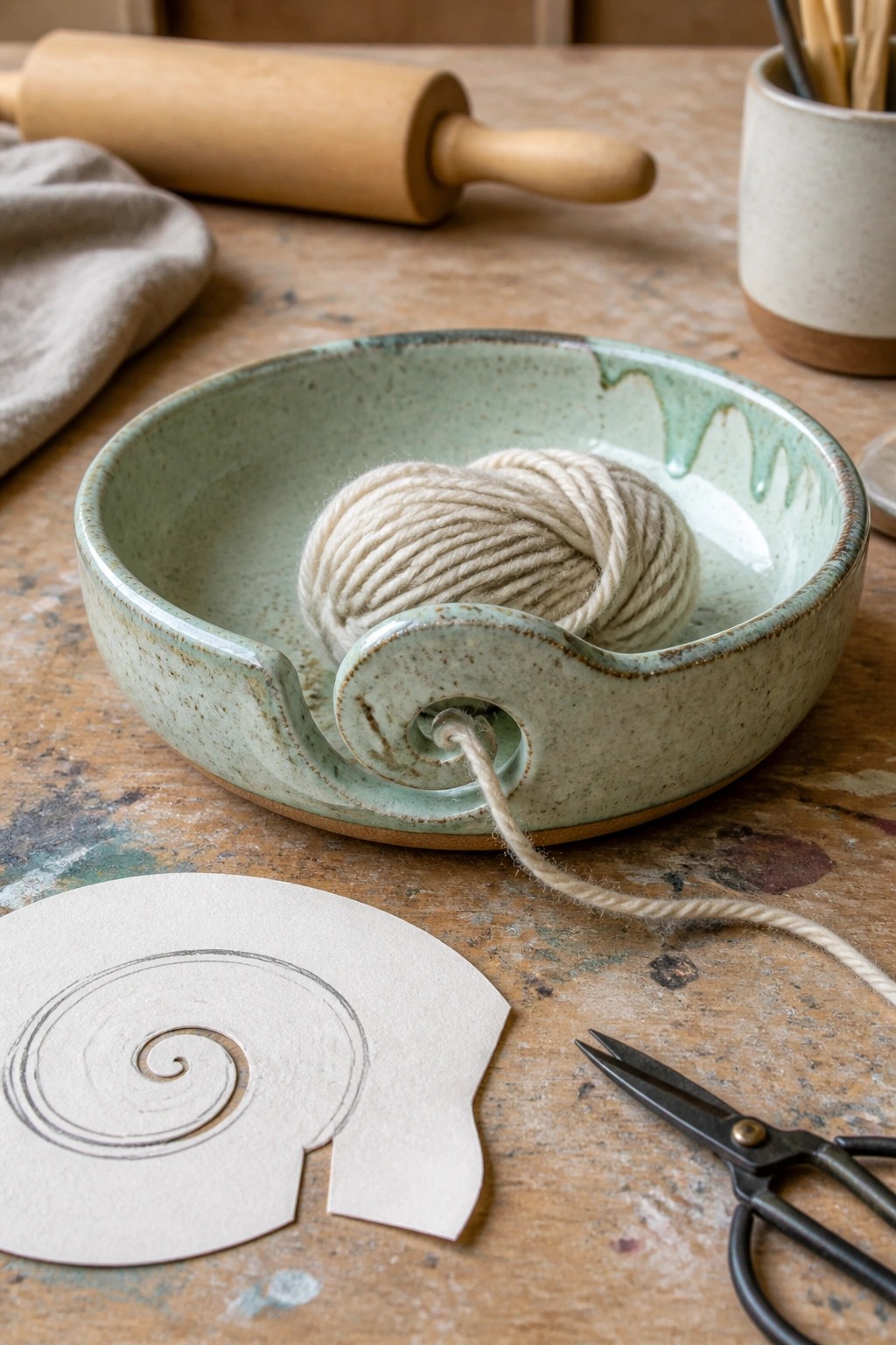 Green ceramic yarn bowl with spiraled edge holding beige yarn, beside paper template and scissors