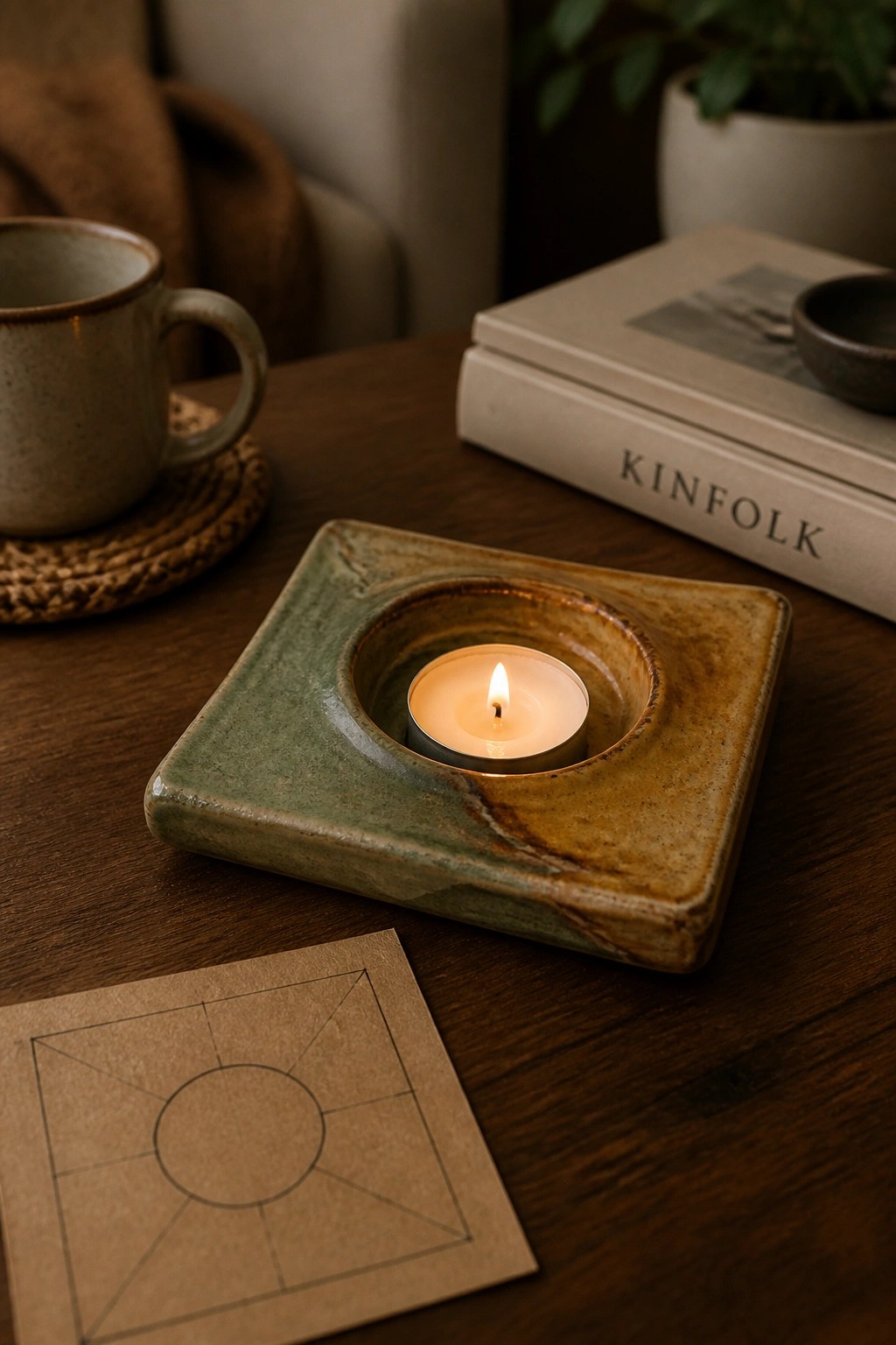 Lit tea light in green-brown ceramic holder on wood table beside Kinfolk book and mug