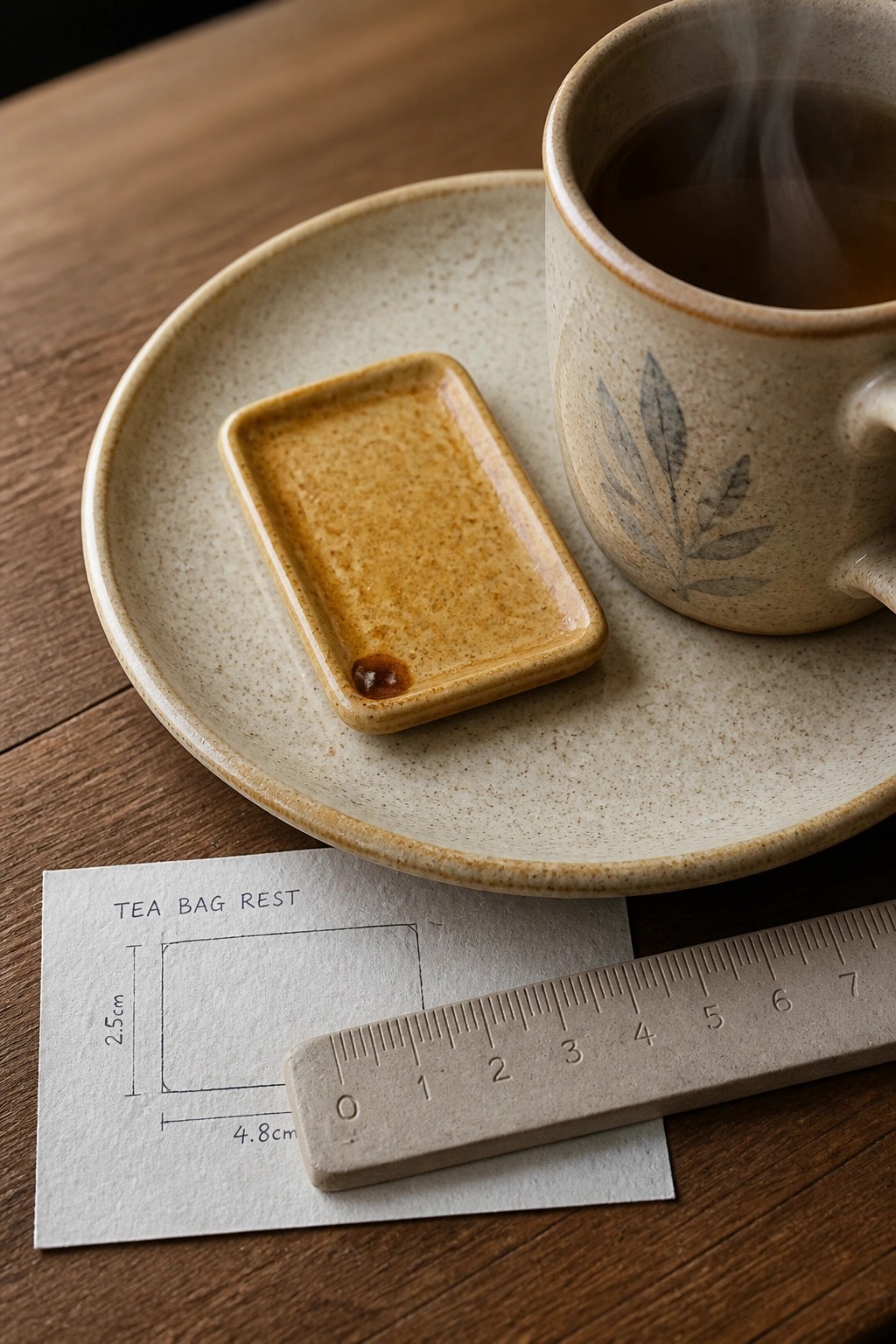 Ceramic mug of tea on plate beside rectangular dish, ruler, and labeled sketch