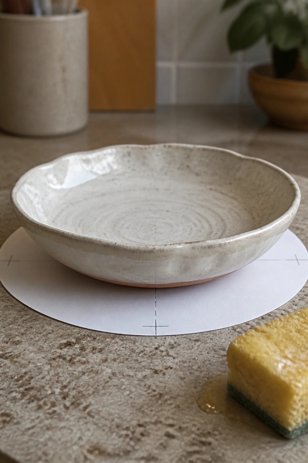 White ceramic bowl on alignment mat beside wet yellow sponge on counter.
