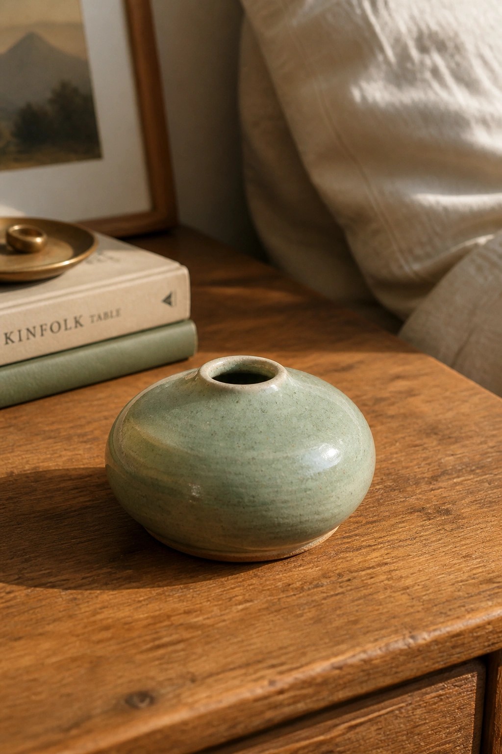 Small round green ceramic vase on wooden table with stacked books