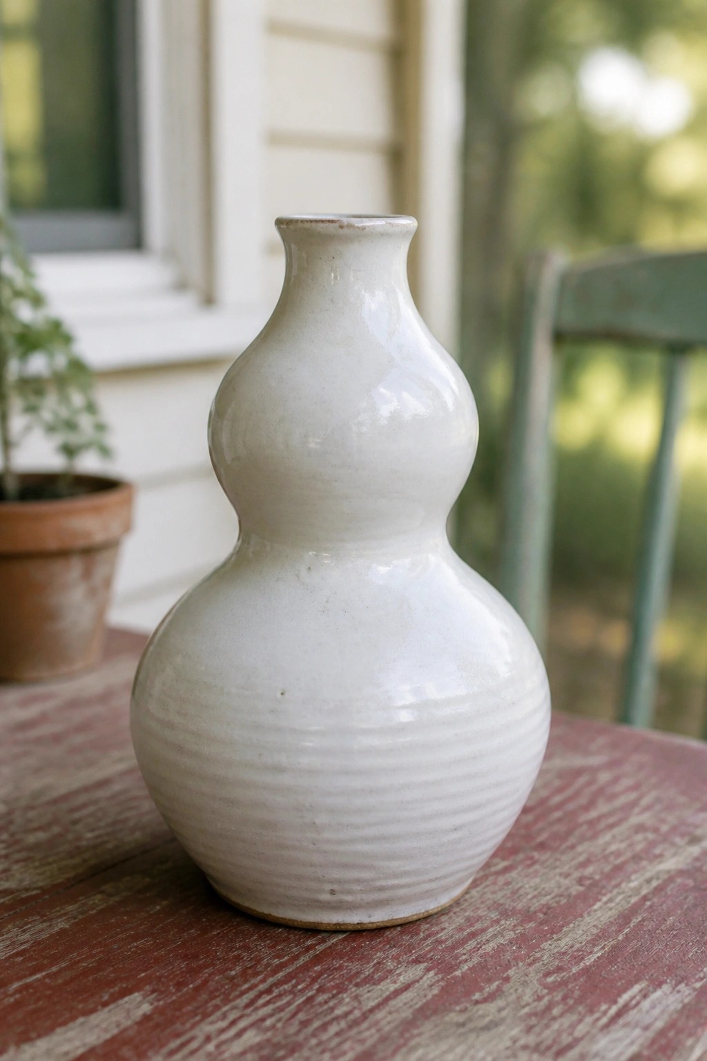 White ceramic gourd-shaped vase with ridged base on red wooden table