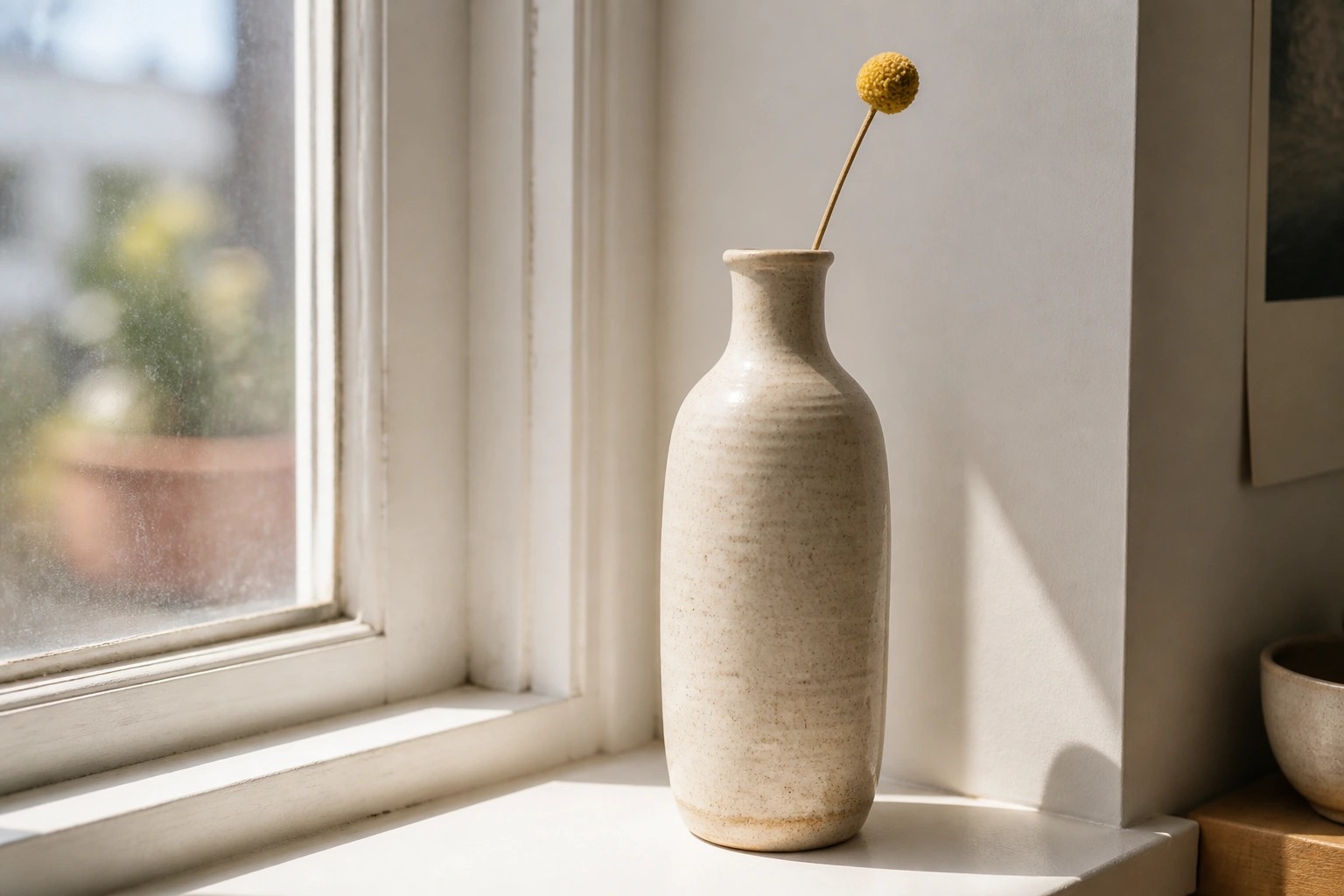 Beige ceramic vase with yellow flower on sunlit windowsill