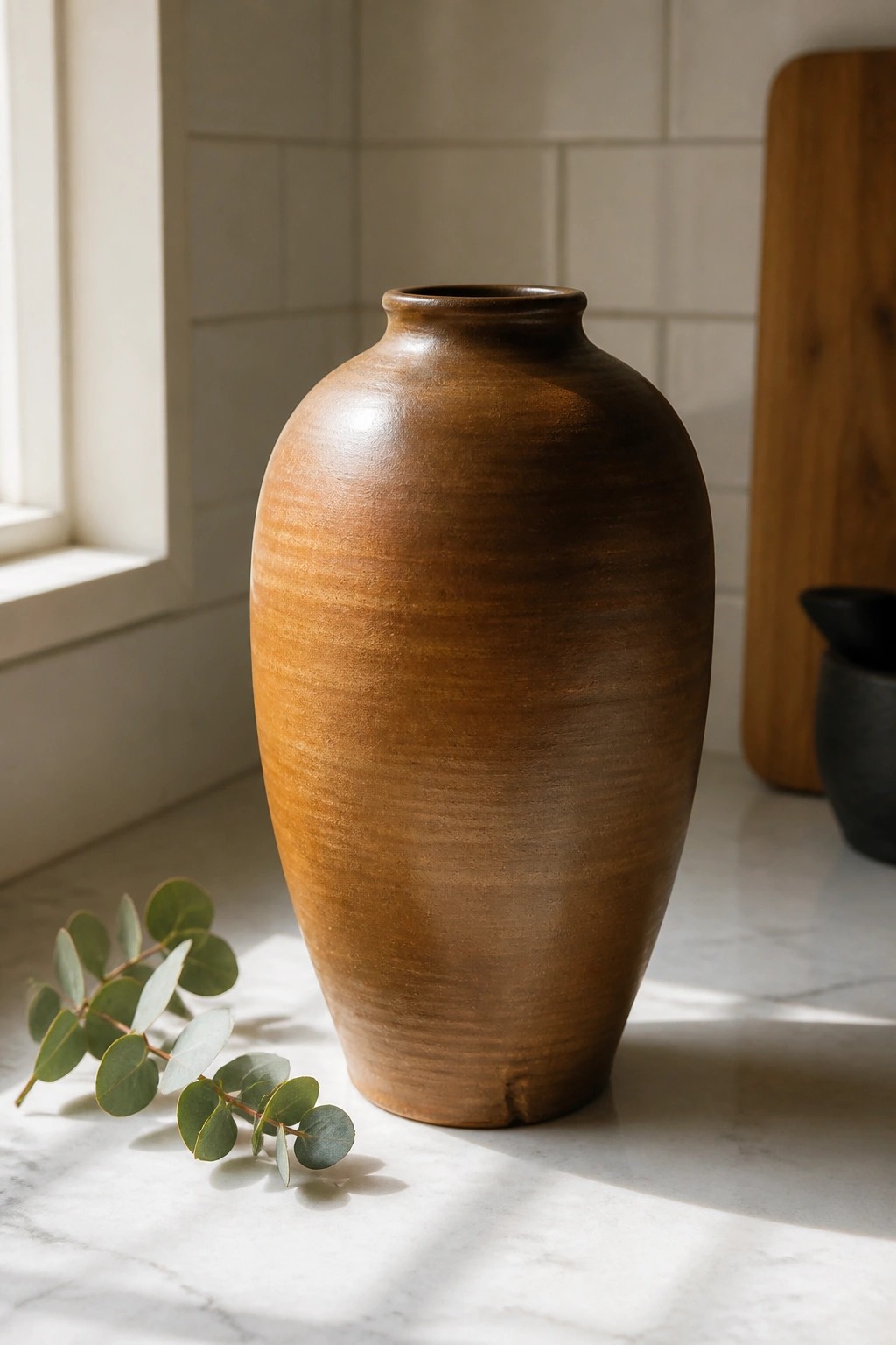 Brown textured vase and eucalyptus leaves on white marble countertop