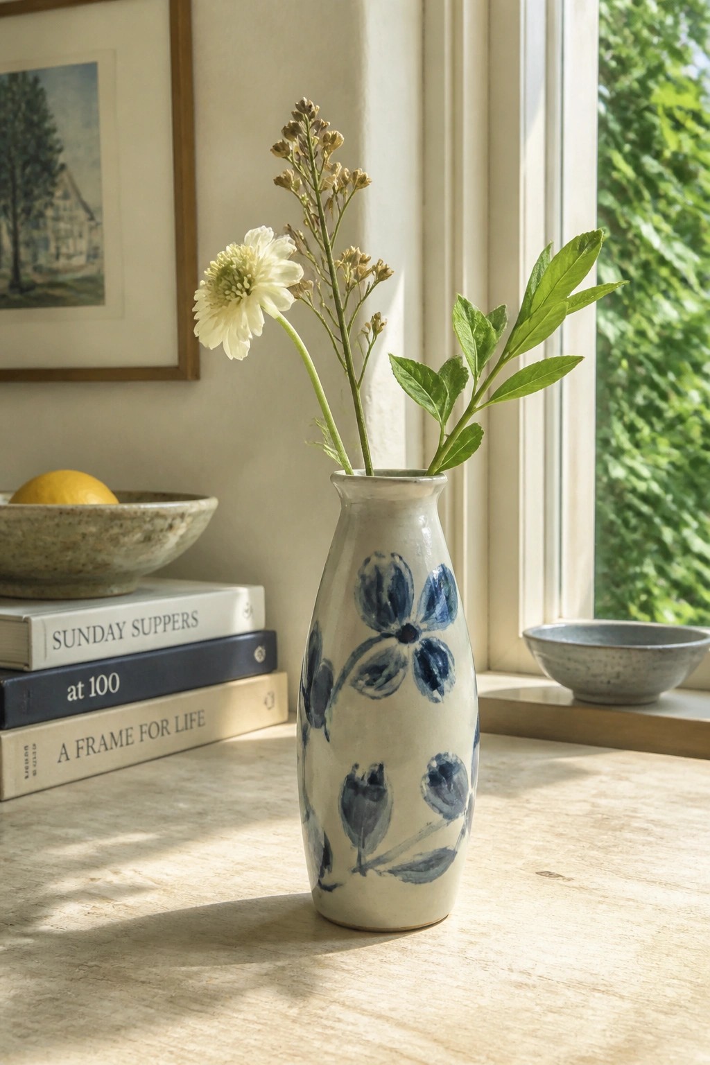 Ceramic vase with blue floral design holding white flower and leaves by sunny window