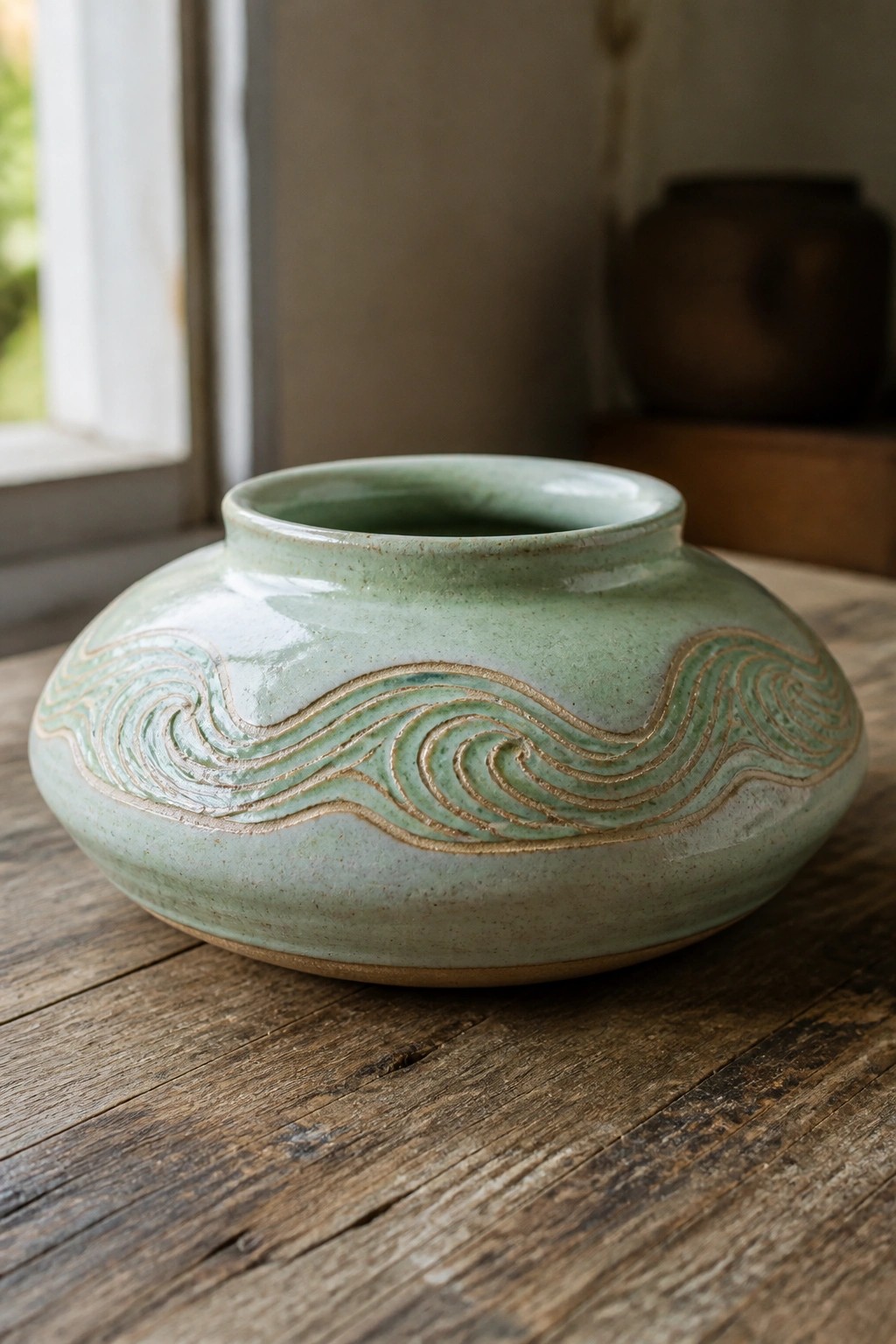 Light green ceramic vase with swirling wave patterns on wooden table