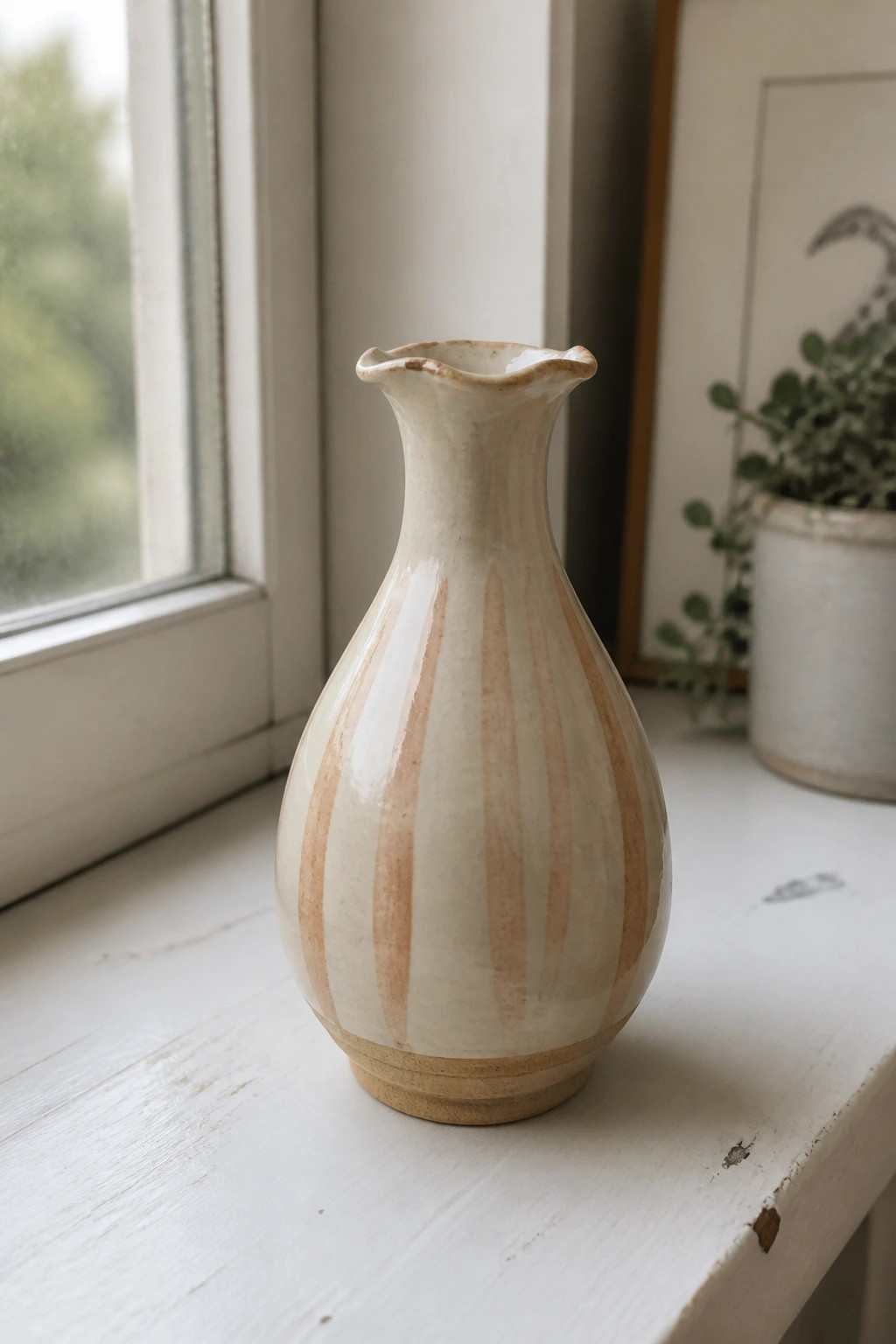 White ceramic vase with vertical brown stripes on a windowsill