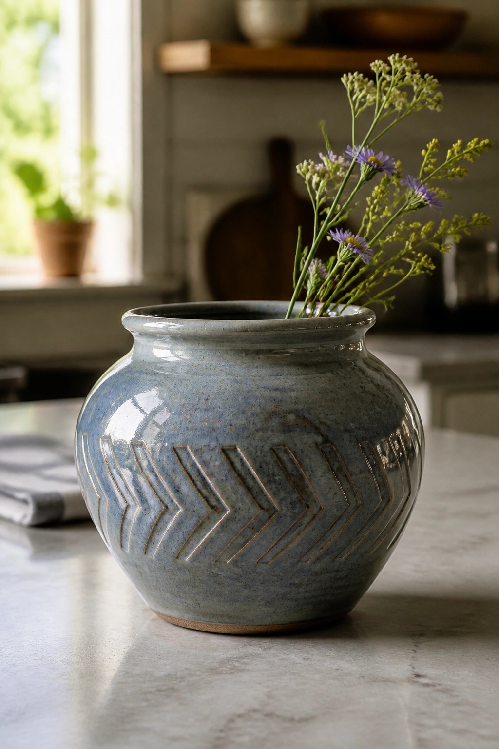 Blue ceramic vase with chevron pattern holding purple wildflowers on marble counter