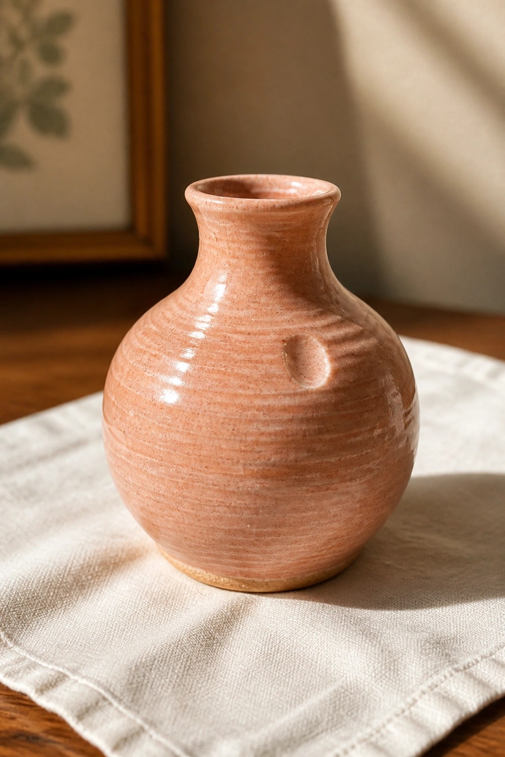 Pink ridged ceramic vase with side dimple on white linen cloth
