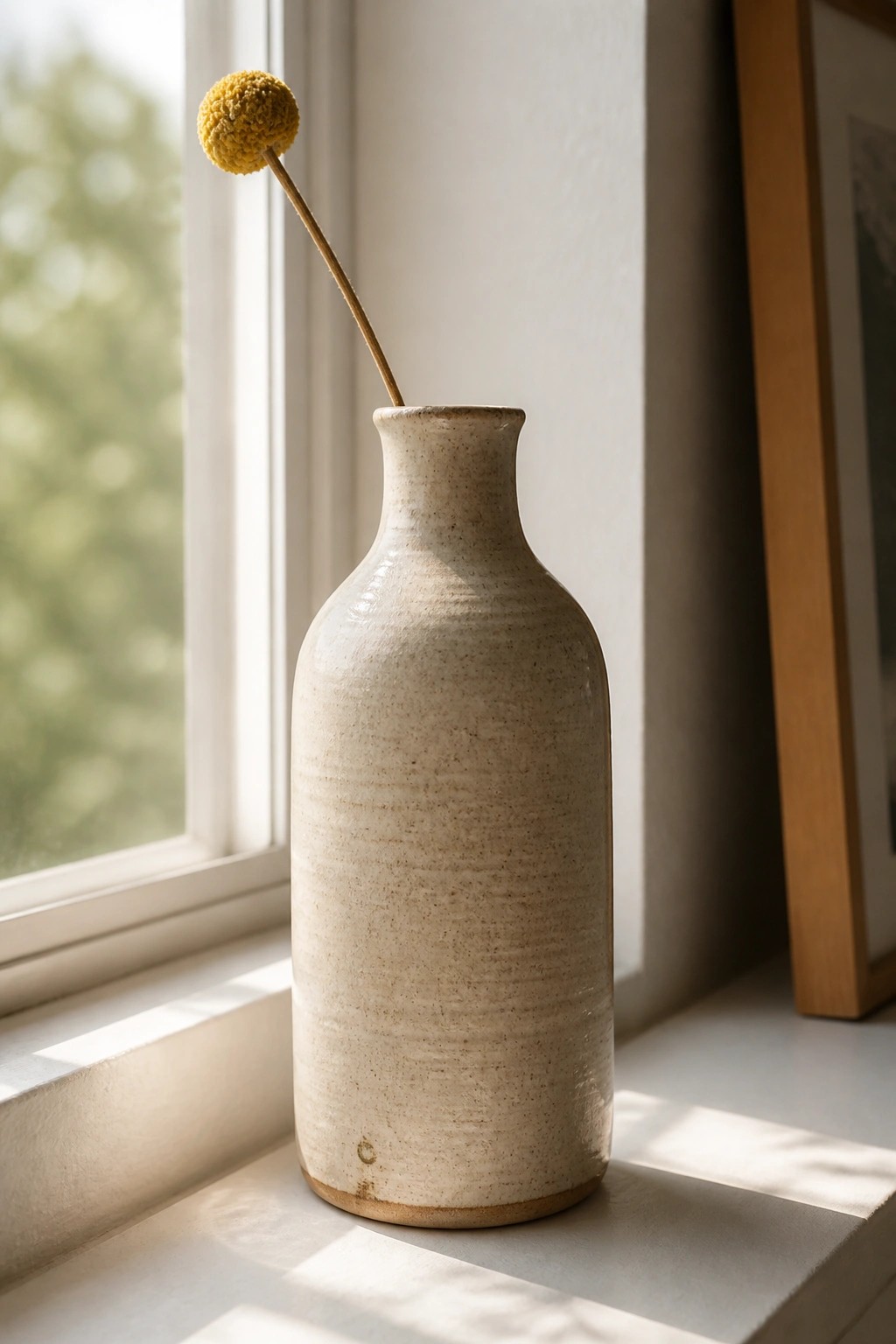 Beige ceramic vase with yellow flower on sunlit windowsill