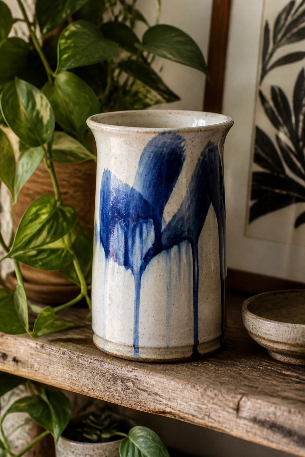 White ceramic vase with blue glaze drips on wooden shelf amid green plants