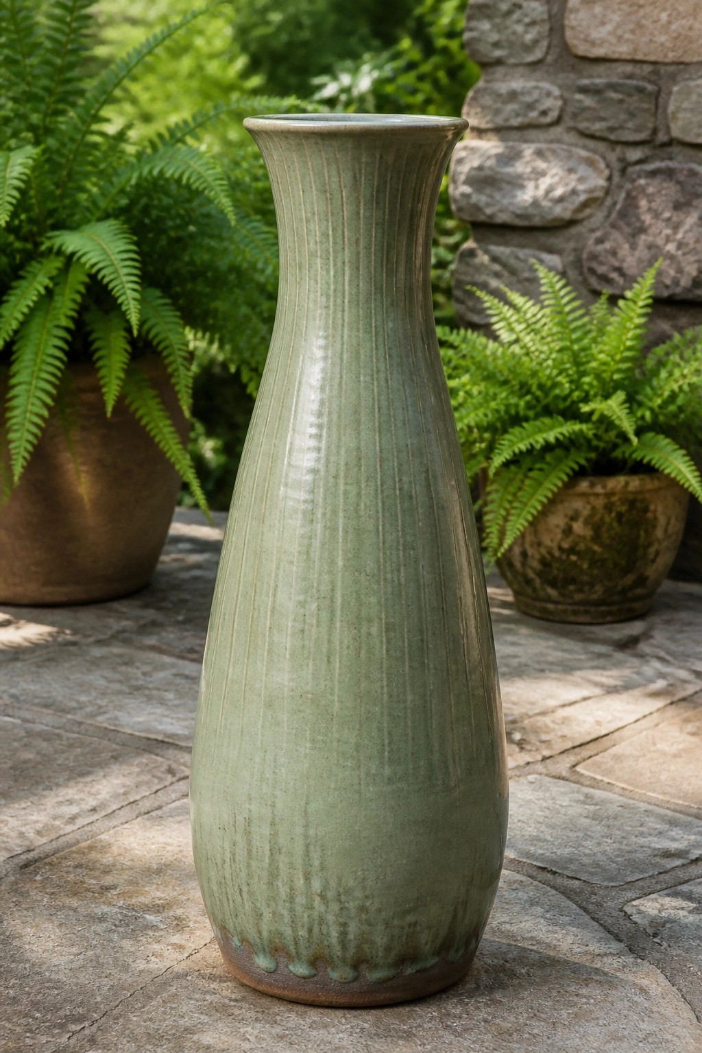 Tall green ribbed ceramic vase on stone patio with ferns nearby