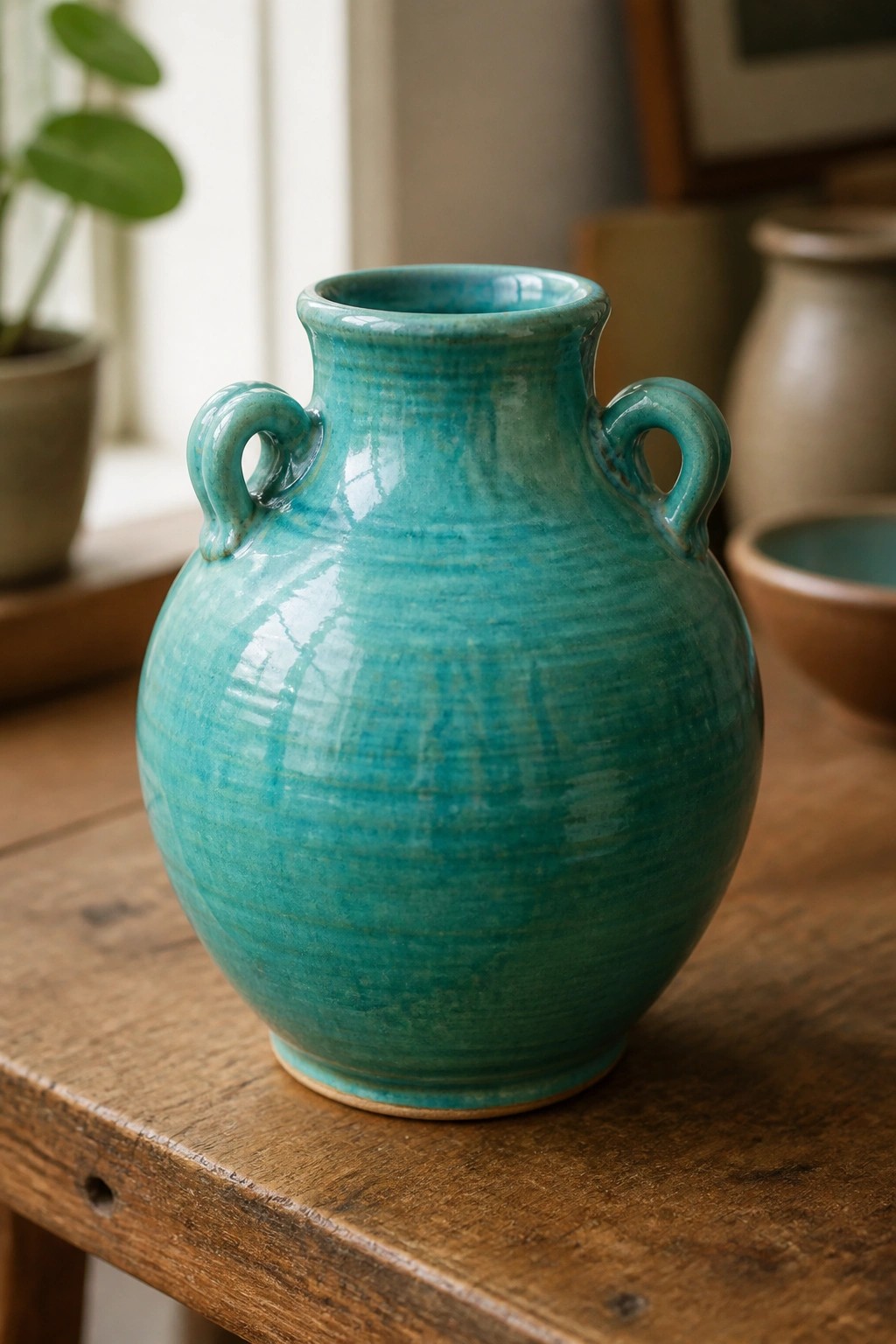 Turquoise ceramic vase with two handles on rustic wooden table