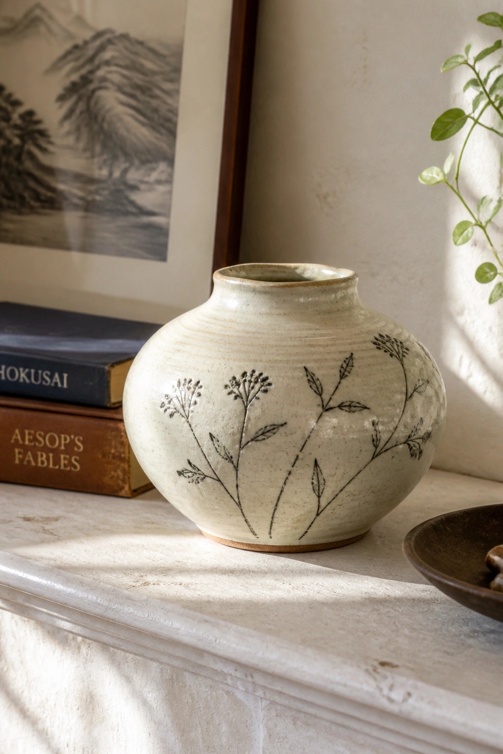 Cream ceramic vase with black botanical designs beside stacked books on sunlit ledge