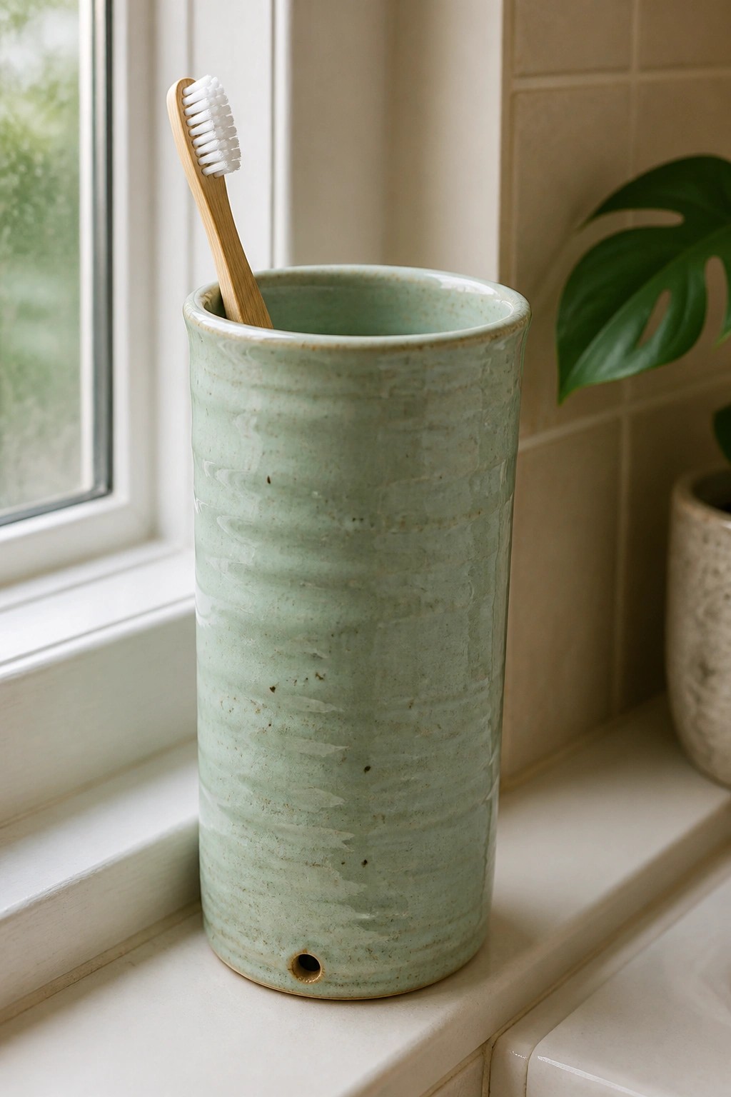 Bamboo toothbrush in textured mint green ceramic holder on windowsill