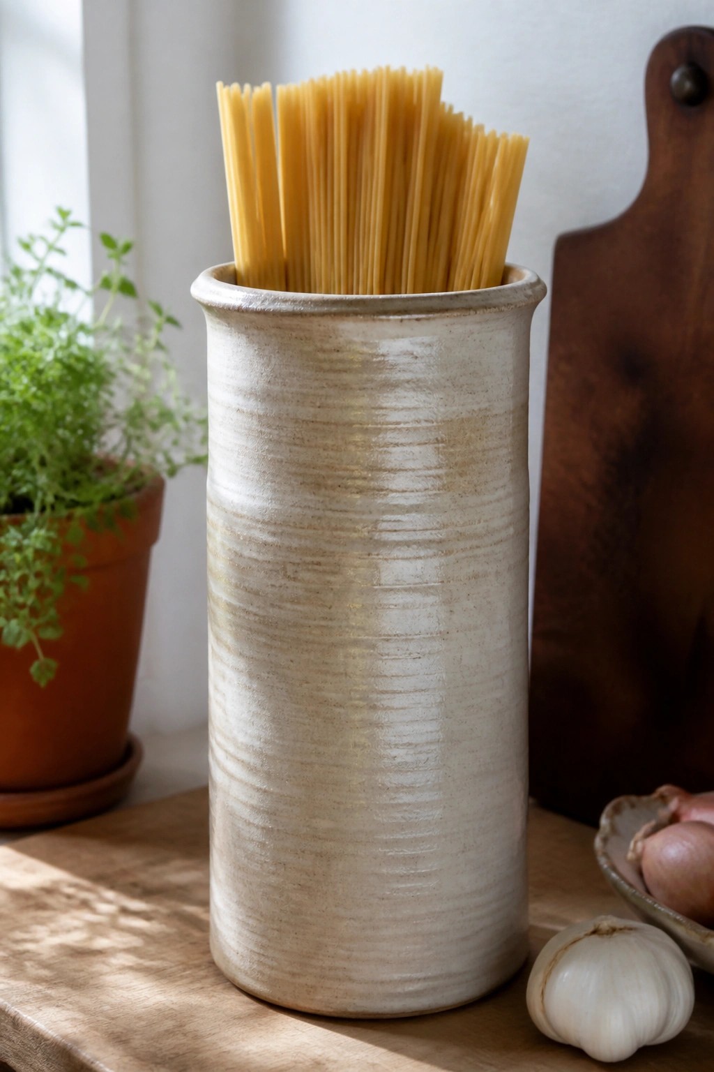Rustic ceramic jar filled with spaghetti on wooden table beside garlic and shallots