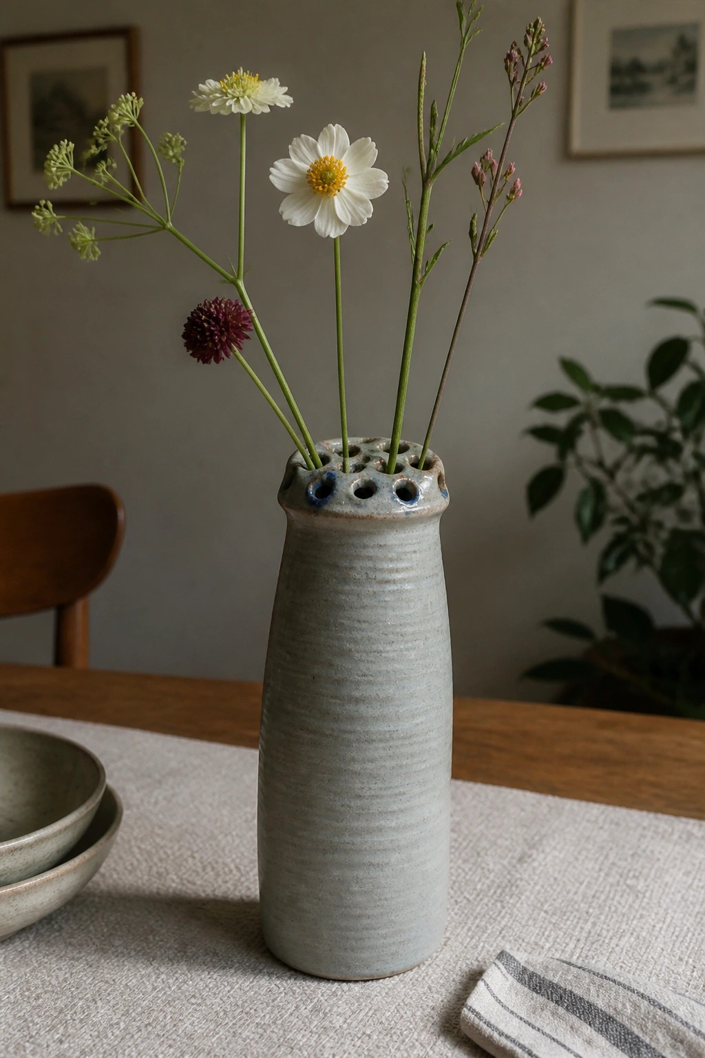 Light blue textured vase with white and maroon flowers on wooden table