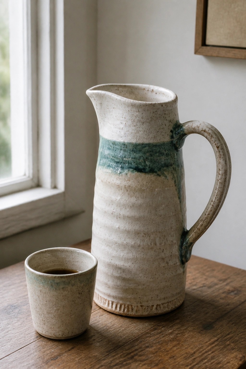 Ceramic pitcher with teal band and small cup on wooden table by window