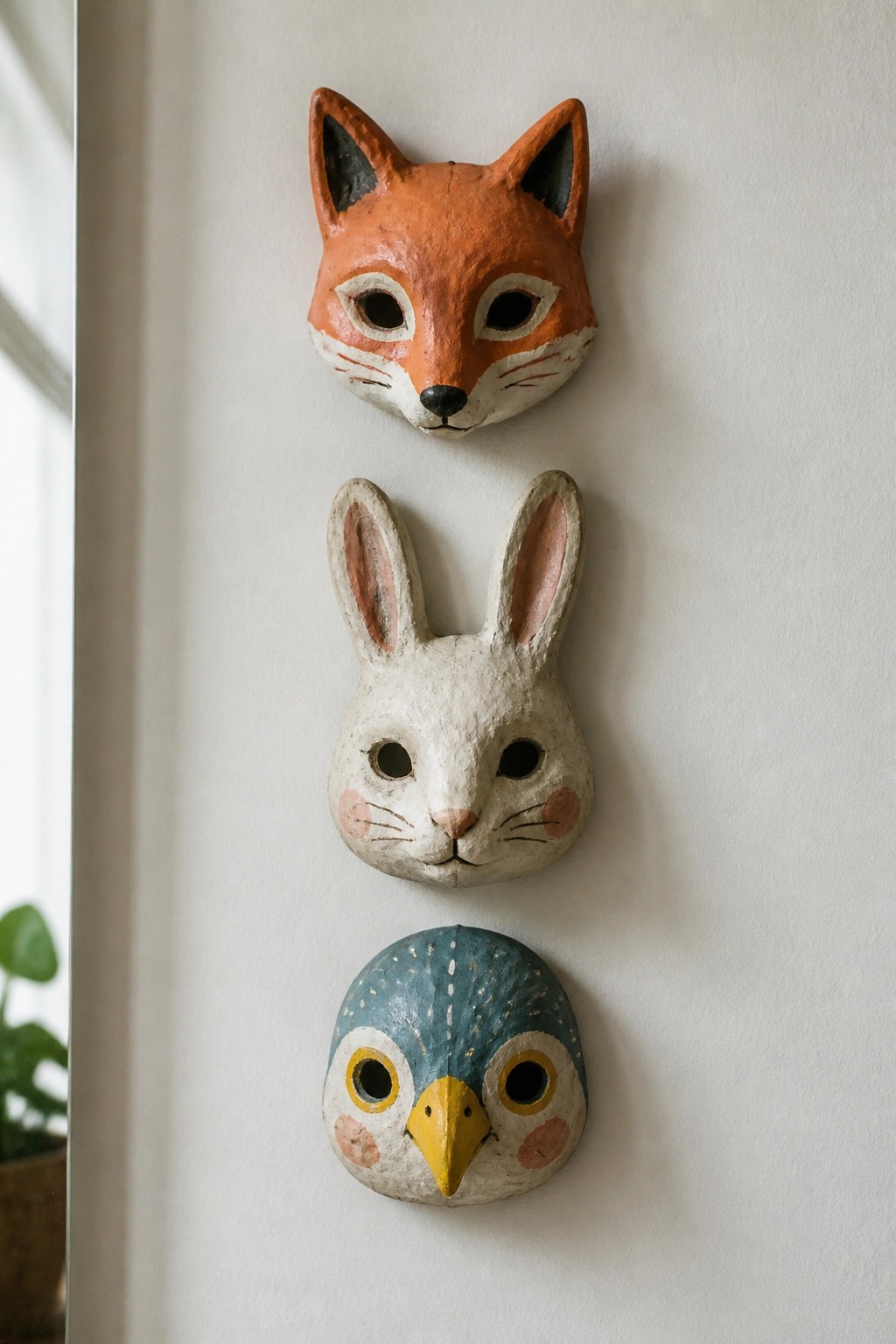 Three painted fox, rabbit, and owl masks mounted vertically on a white wall.