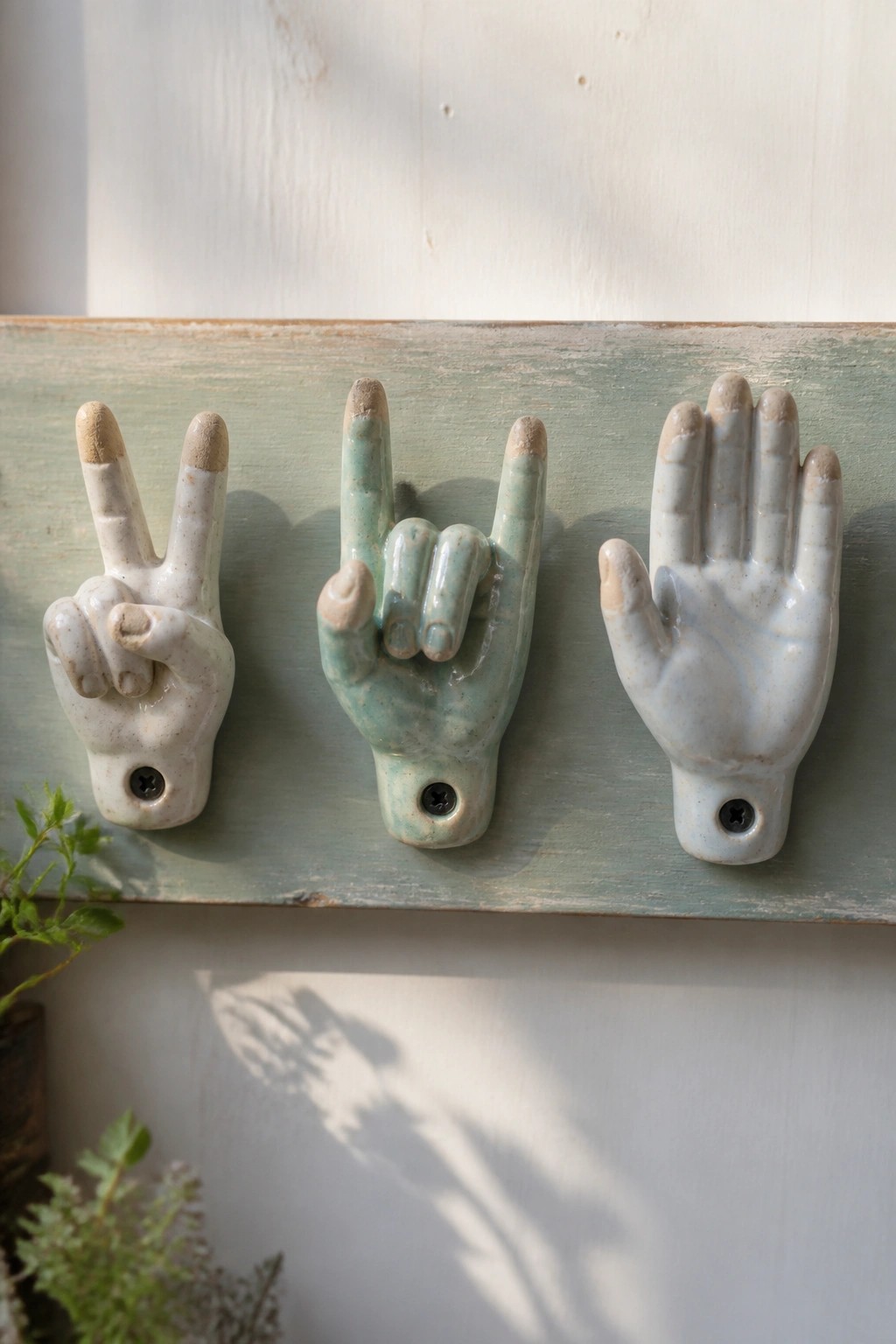 Three ceramic hand hooks on green wood: peace sign, rock gesture, open palm.